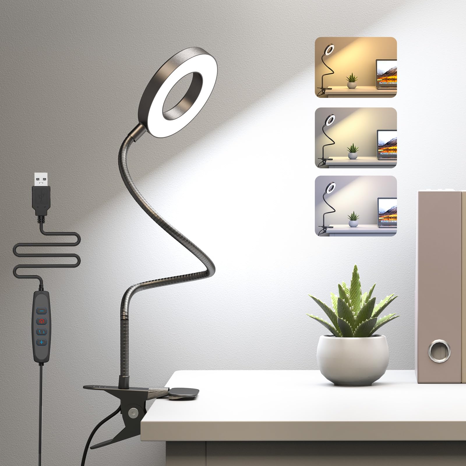 KEXIN Clip on Table Lamp - 3 Color Modes, 10 Brightness Levels, Dimmable Eye-Caring Reading Light with 360° Rotatable Metal Gooseneck - Portable Small Desk Lamp for Home, Office, Study, and Nightstand Use