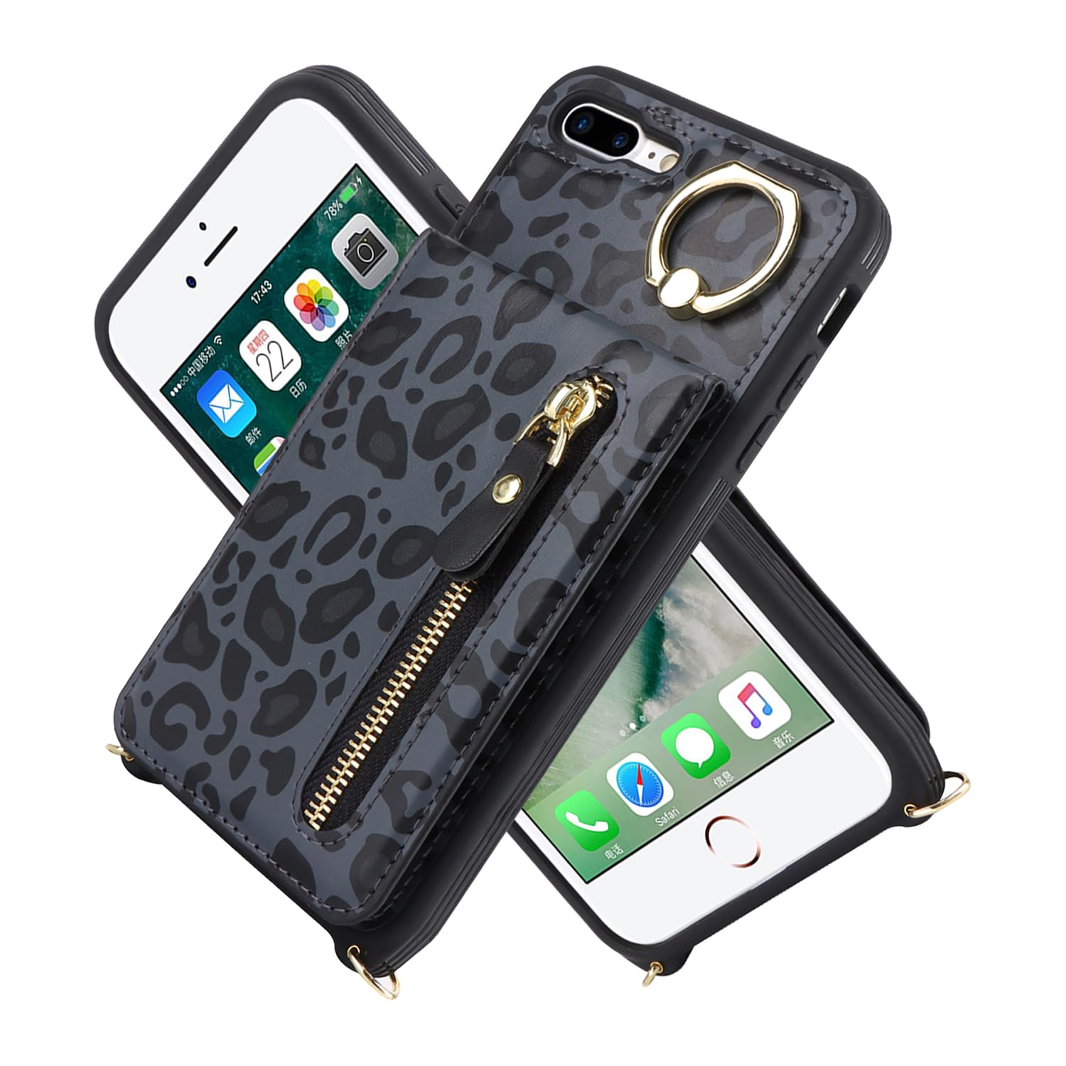 iPhone 7 Plus/8 Plus Wallet Case with Card Holder, Wrist Strap & Ring Stand - Crossbody Phone Purse for Women | Black Leopard Print | Perfect for Travel, Shopping & Everyday Use