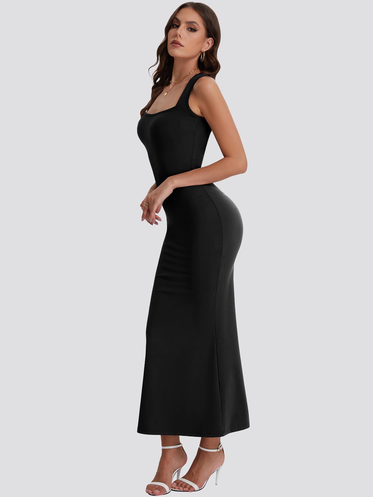 Bloggerlove Women's Summer Long Bodycon Maxi Dress - Square Neck Strap Sleeveless Sexy Cocktail Party Prom Dress for Beach Vacation, Date Night & Evening Events