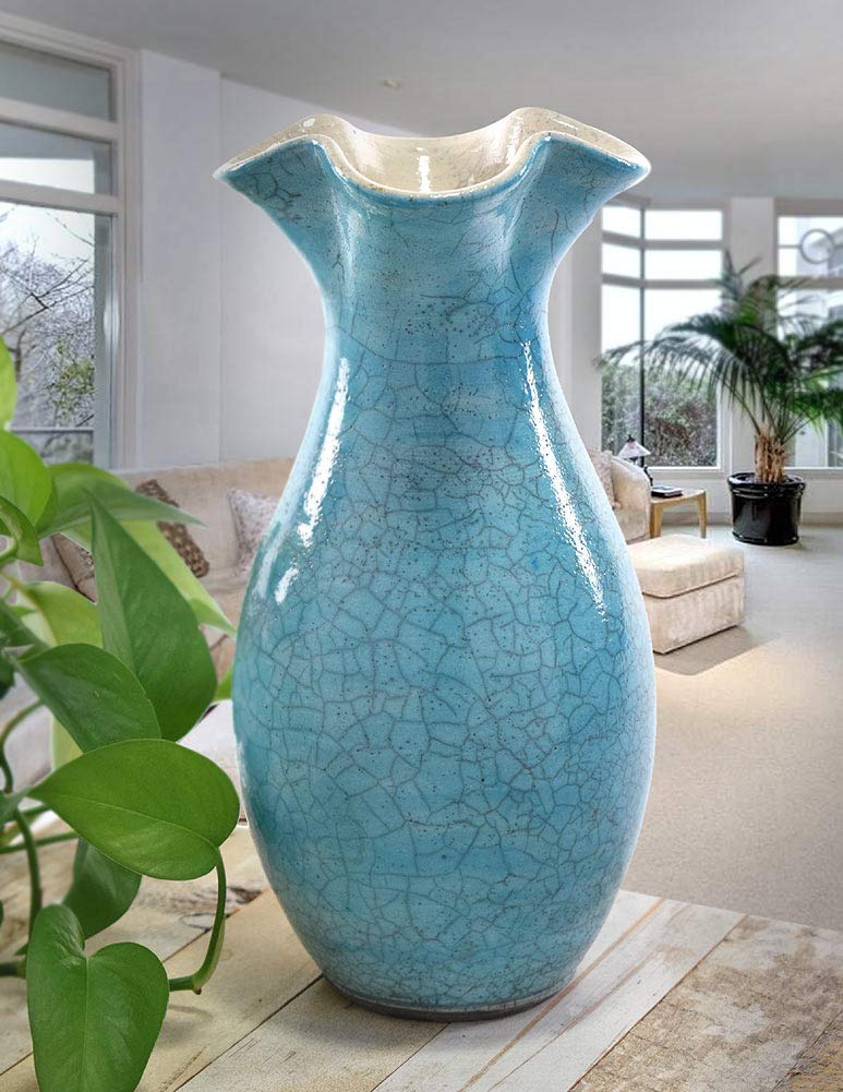 Handmade Turquoise Crackle Glaze Fluted Ceramic Vase - American Artisan Pottery for Home Decor, Wedding Centerpieces & Boho Chic Interior Design
