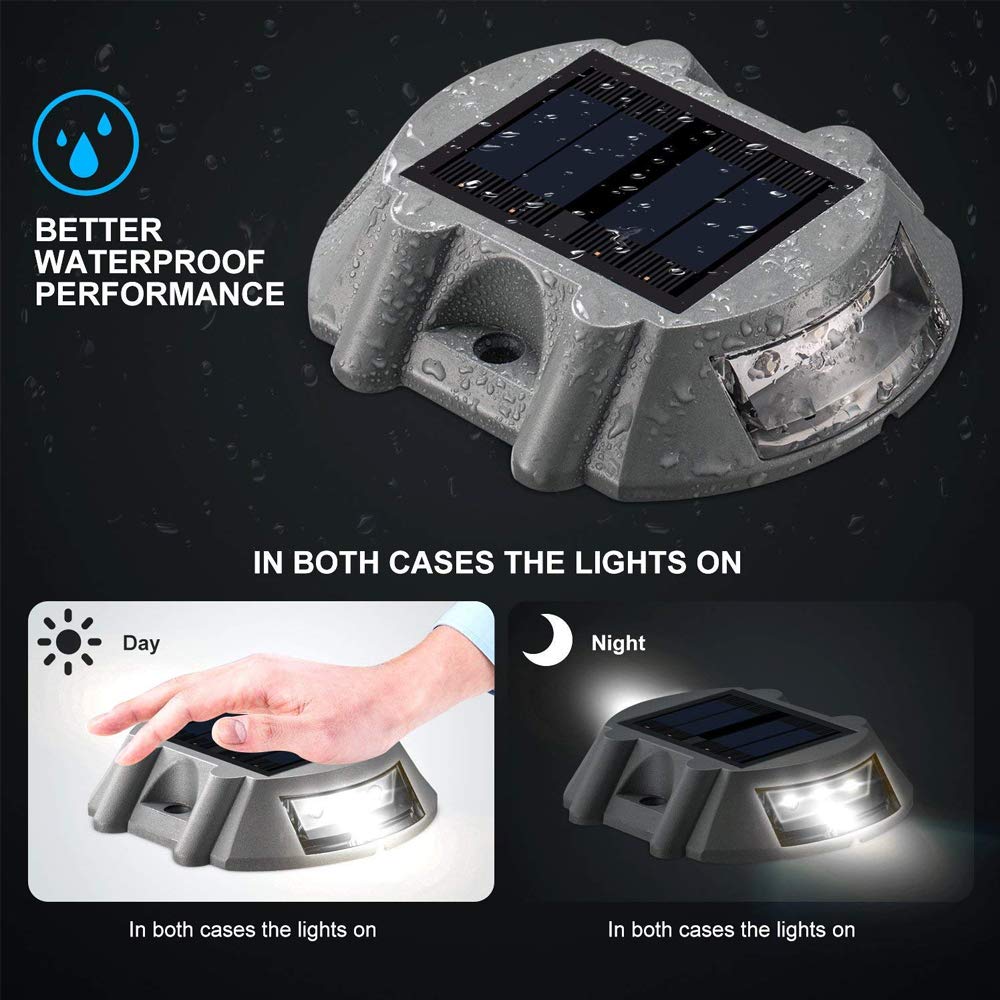 Waterproof Solar Dock Lights 6 Pack - Cast Aluminum Solar Deck Lights with 6 LEDs, Auto On/Off for Driveway, Path, Steps, Pool, Patio & Garden Security (White Light) - Ideal for Outdoor Nighttime Safety & Landscape Lighting