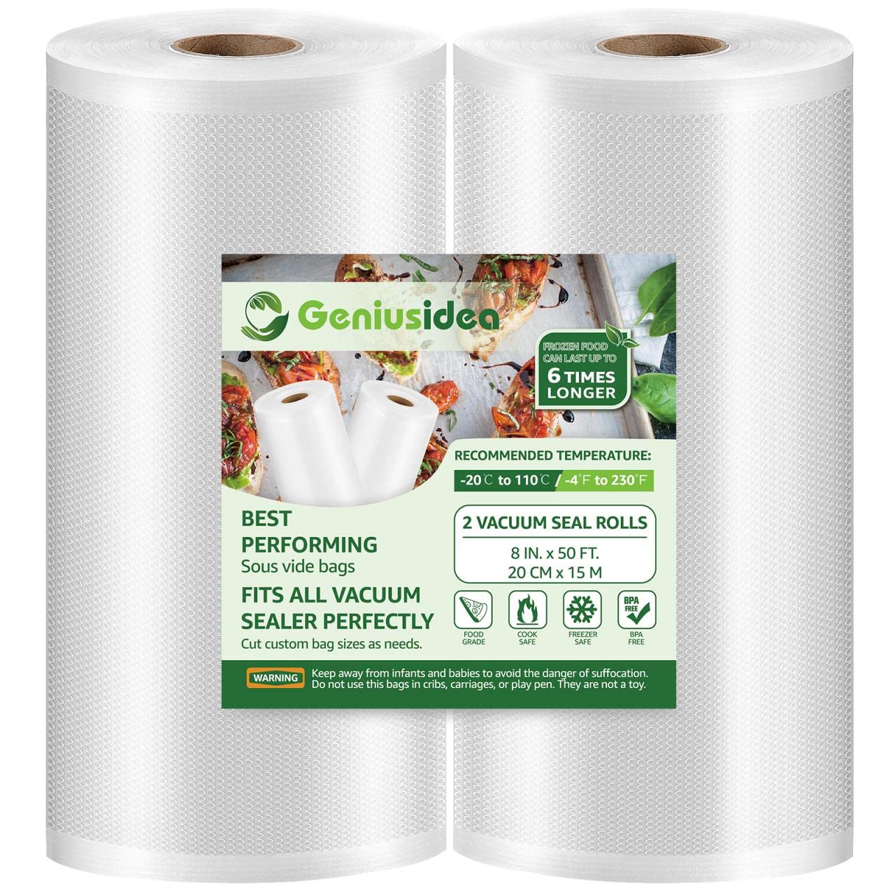Geniusidea Vacuum Sealer Bags 8''x50' 2 Pack - BPA Free Commercial Grade Food Storage Bags for Sous Vide, Meal Prep & Vacuum Sealing | Fits FoodSaver, Seal-a-Meal & Most Vacuum Sealers | Perfect for Freezing, Marinating & Long-Term Food Preservation (100 Feet Total)