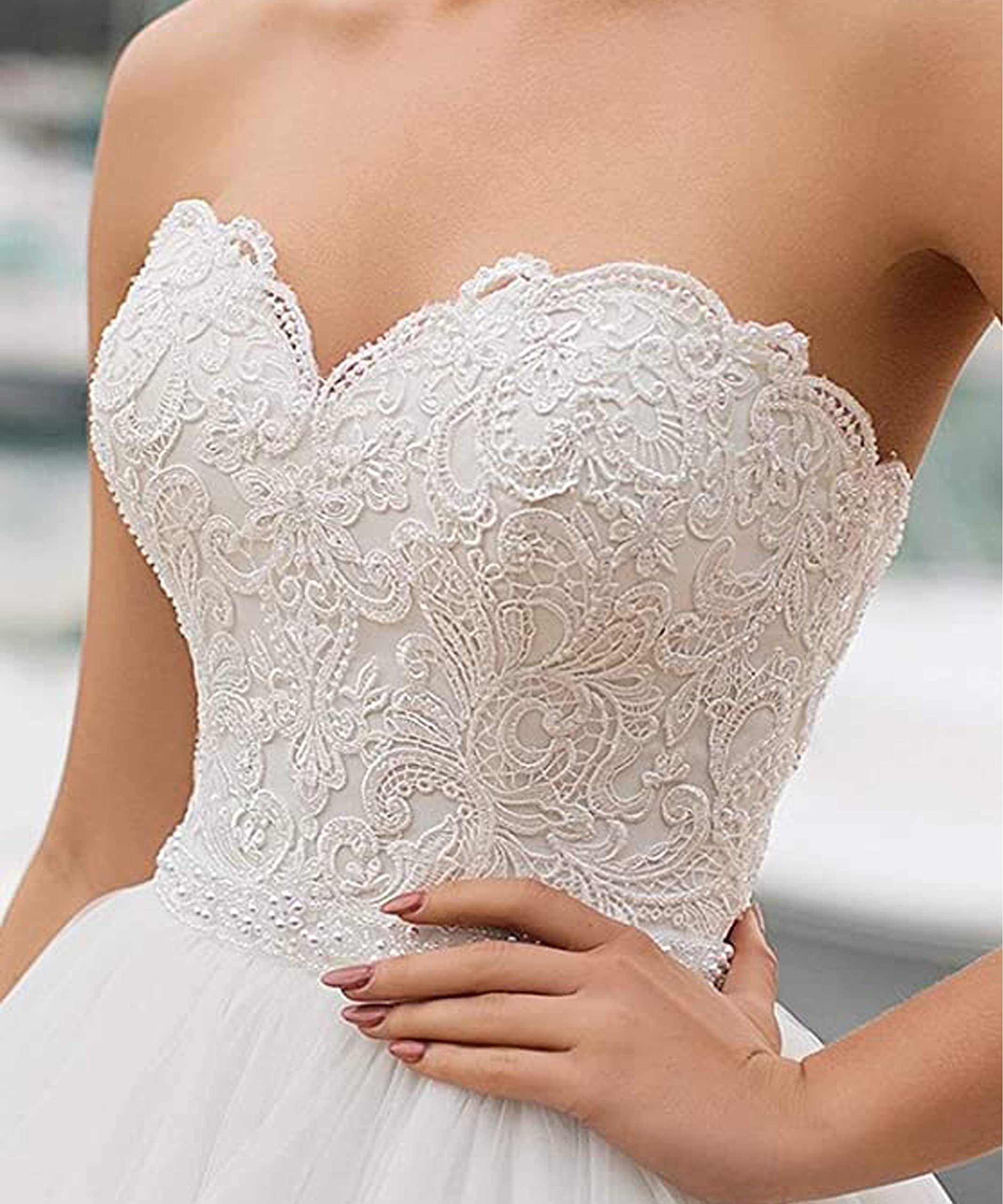 Elegant A-Line Lace Wedding Dress with Long Tulle Train - Off Shoulder Strapless Bridal Gown for Bride | Perfect for Beach, Church, and Formal Wedding Ceremonies