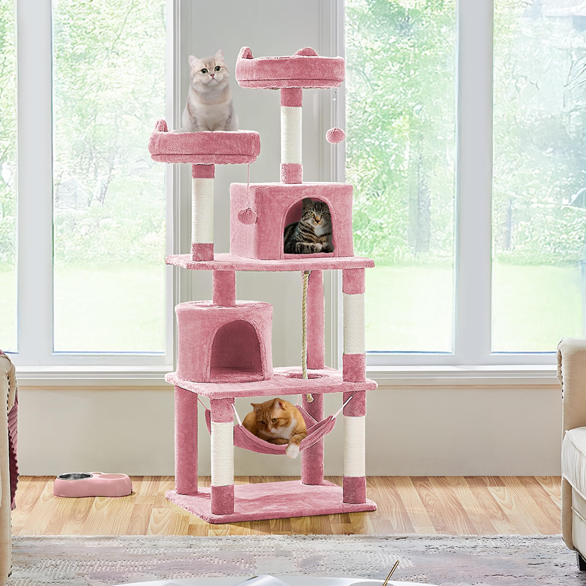 Yaheetech 62.2 Inch Large Cat Tree with Hammock, Cat Condo & Scratching Posts - Multi-Level Cat Tower Activity Center for Indoor Cats - Perfect for Play, Rest & Climbing (Pink)