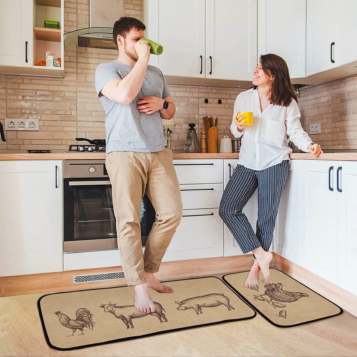 Farmhouse Rooster Kitchen Rugs Set of 2 - Non-Slip Washable Runner Mats for Kitchen & Living Room Floor - Fall Home Decor for Farmhouse Style & Country Kitchen