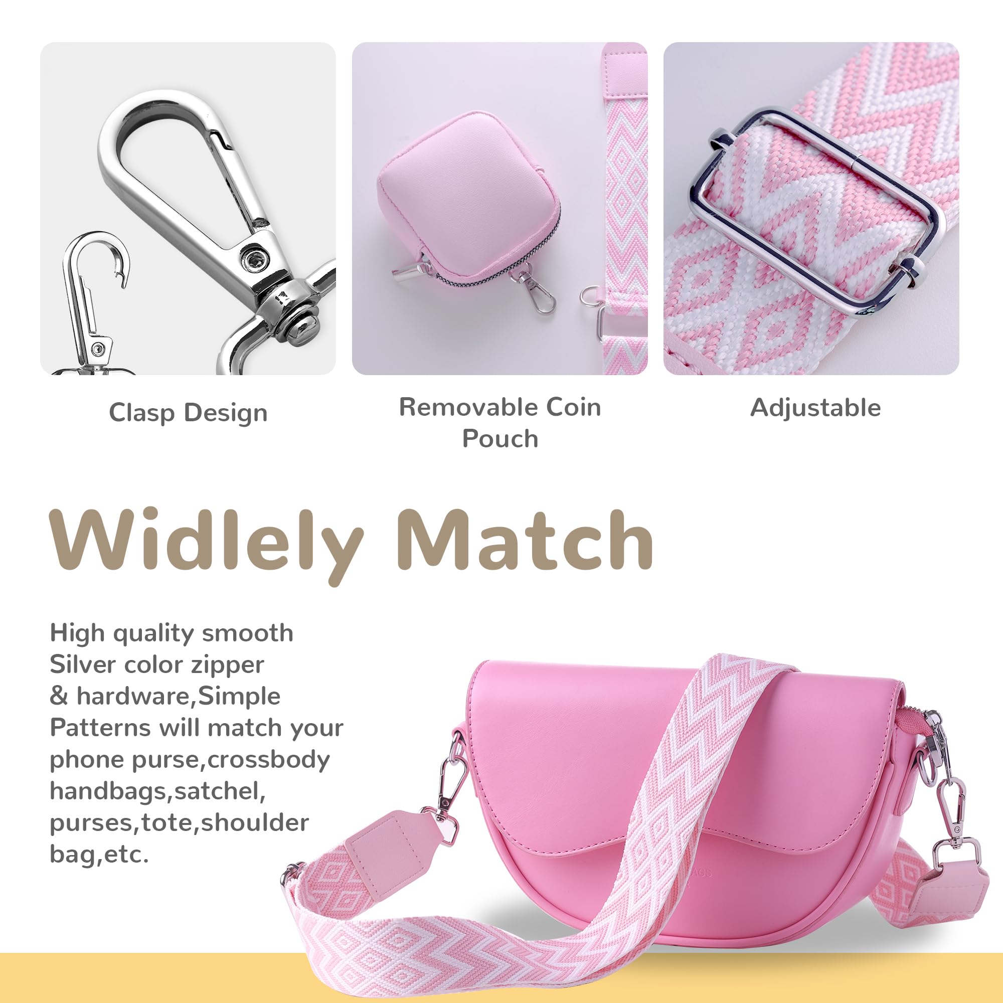Pink Purse Strap with Silver Hardware - Adjustable Crossbody Bag Strap Replacement for Handbags & Guitar Straps with Small Pouch | Perfect for Women's Fashion Accessories, Travel & Daily Use