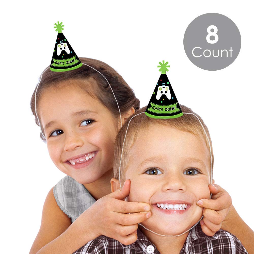 Big Dot of Happiness Game Zone Mini Cone Pixel Video Game Party Hats - Set of 8 for Birthday, Gaming Events & Themed Parties