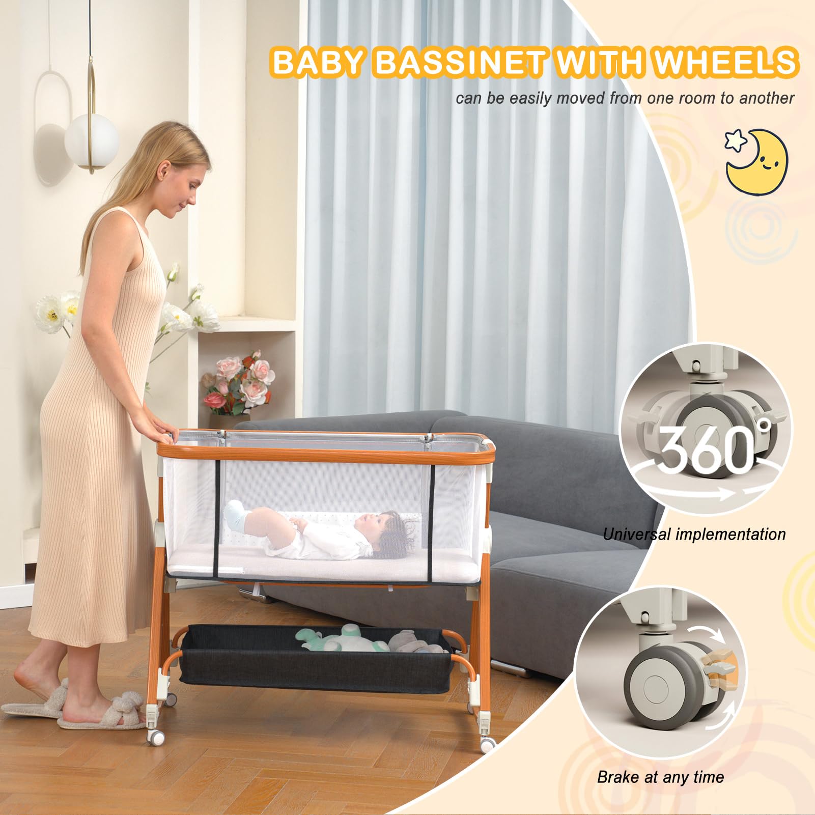 3-in-1 Adjustable Baby Bassinet Bedside Sleeper with Wheels, Storage Basket & Musical Toy - Breathable 4-Sided Mesh Crib for Newborns 0-6 Months (Black) | Perfect for Nursery, Bedroom Co-Sleeping & Late Night Feedings