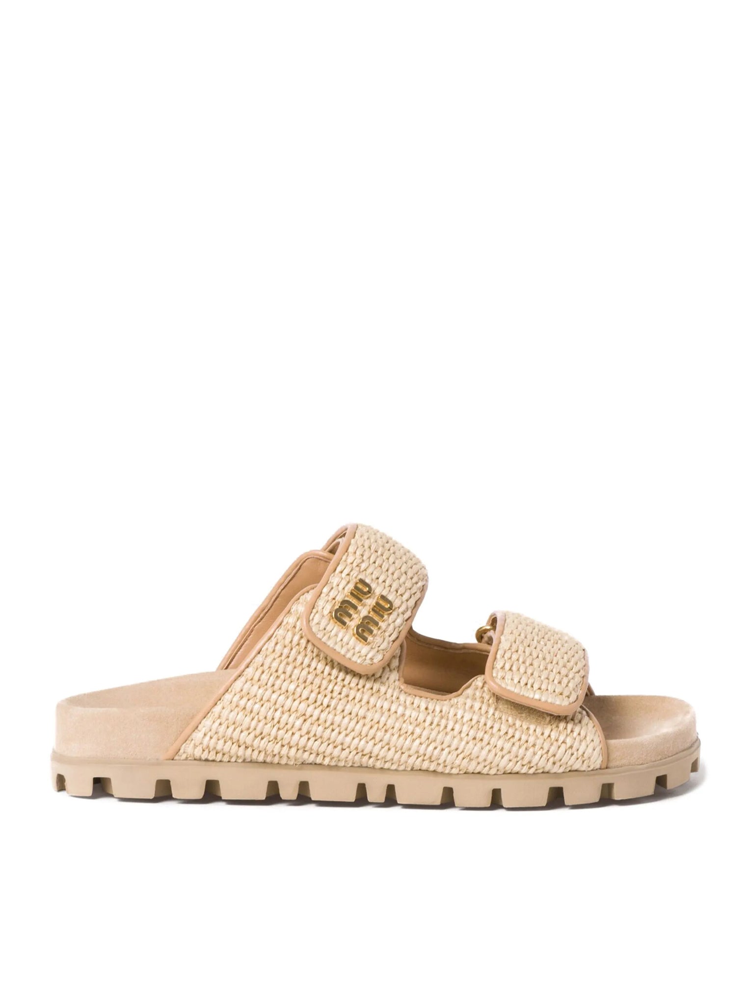 MIUMIU Gold Logo Raffia Sandals for Women - Comfortable Summer Beach Slides with Adjustable Straps | Perfect for Vacations, Poolside, and Casual Outings