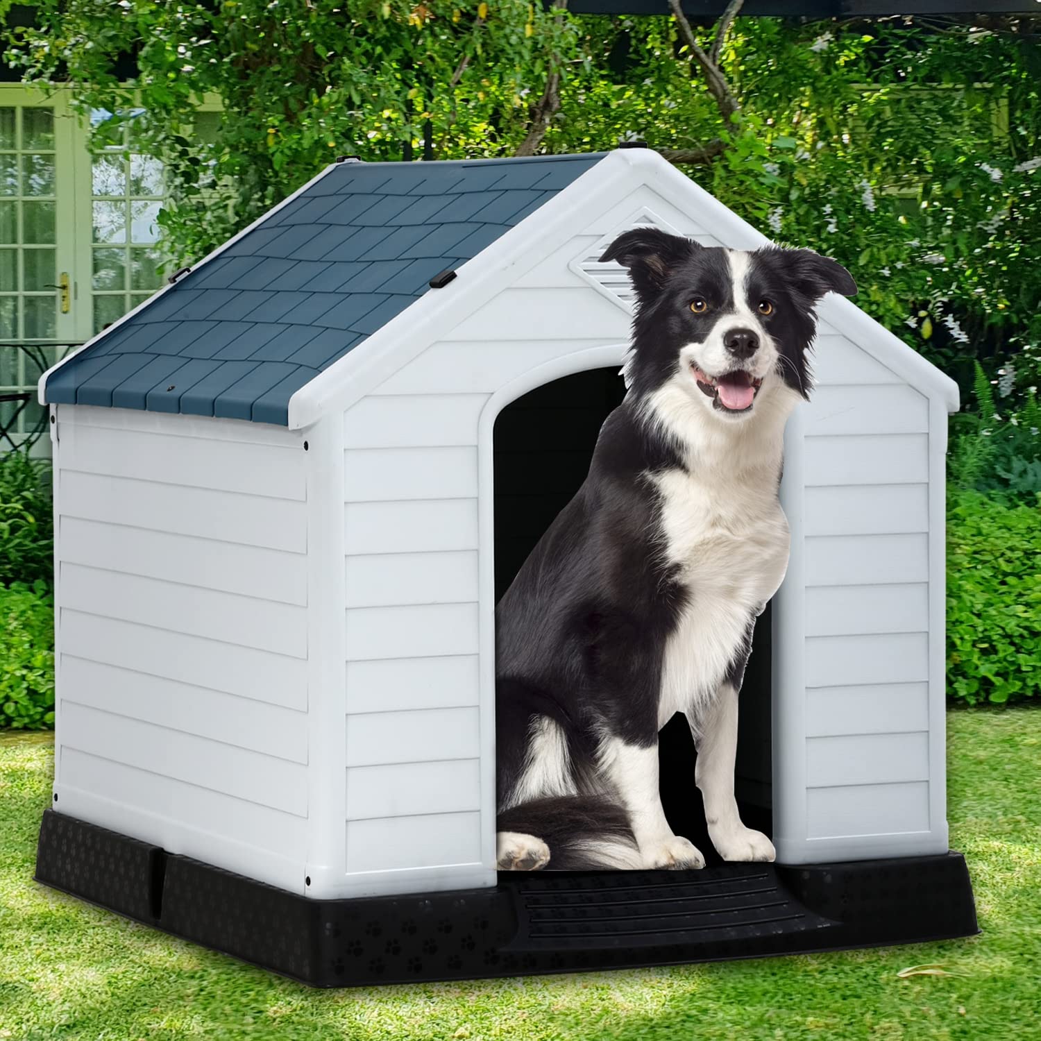 Waterproof & Ventilated Plastic Dog House for Small, Medium & Large Dogs - Durable Indoor/Outdoor Pet Shelter Kennel with Air Vents & Elevated Floor - Easy Assembly for Backyard, Patio & Camping Use