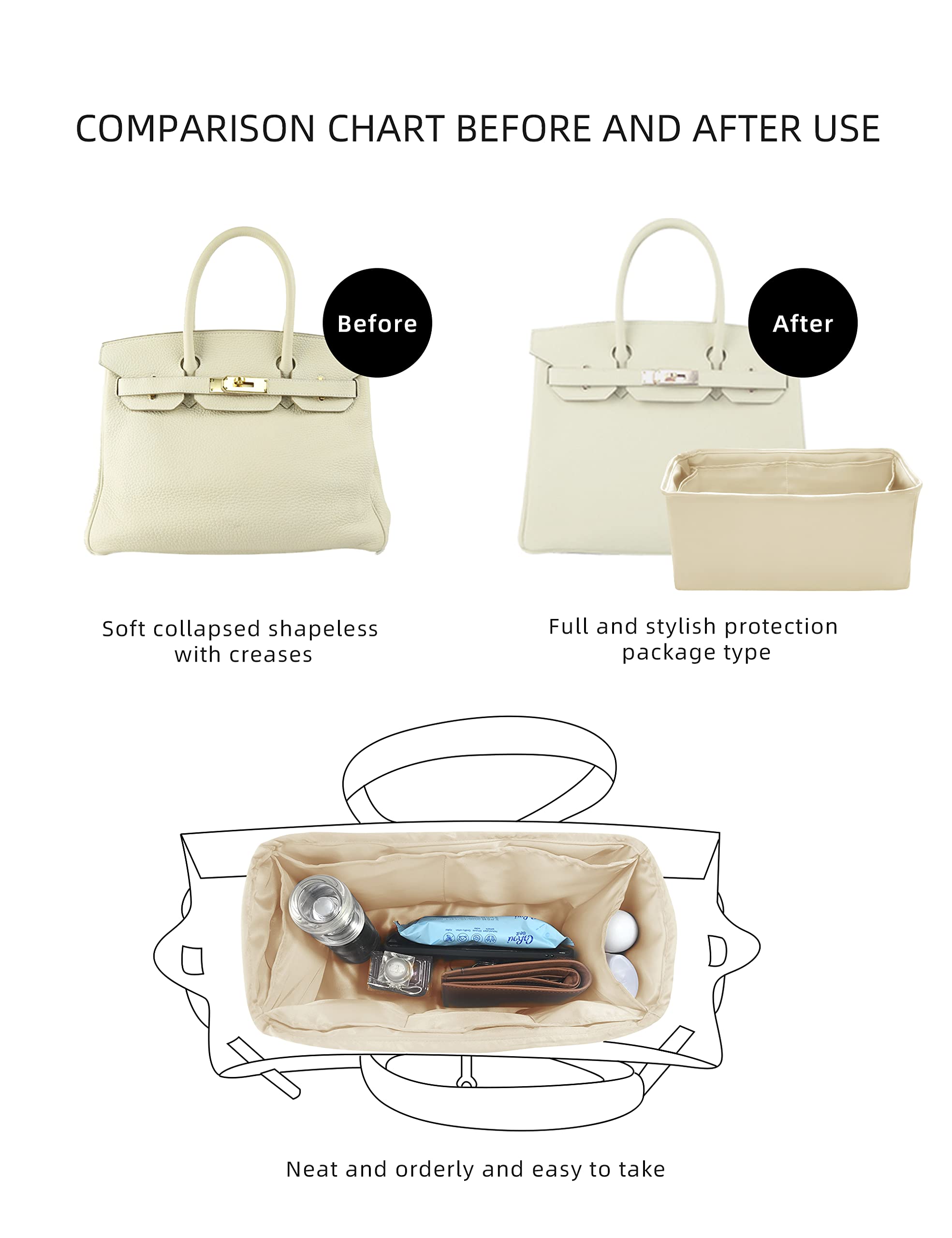 Luxury White Silk Purse Organizer & Handbag Shaper for Birkin 35 - DGAZ Purse Pillow Insert for Designer Bags, Perfect for Travel, Work & Everyday Use