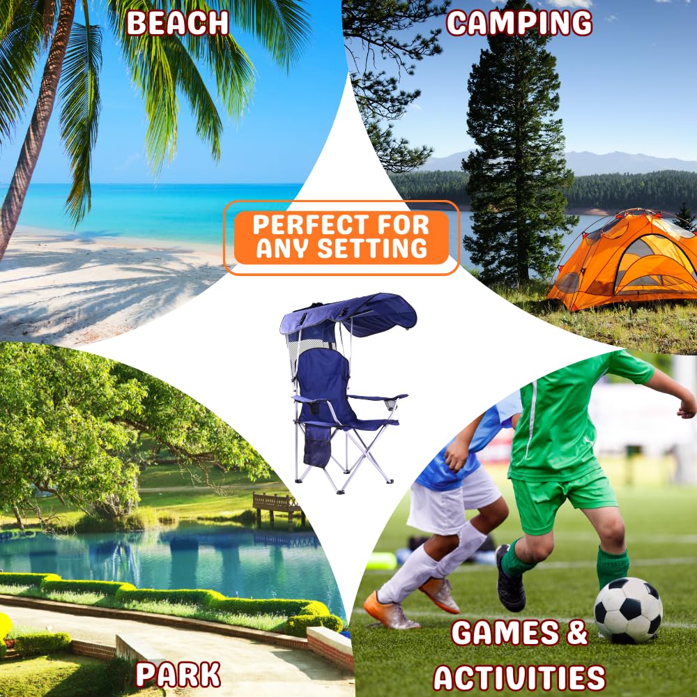 CozyBox Portable Folding Camping Chair with Canopy Shade - Heavy Duty 600D Oxford Fabric Beach Chair for Adults - Weather Resistant Outdoor Lounge Chair for Camping, Beach, Picnic, Backyard & Tailgating [Navy]