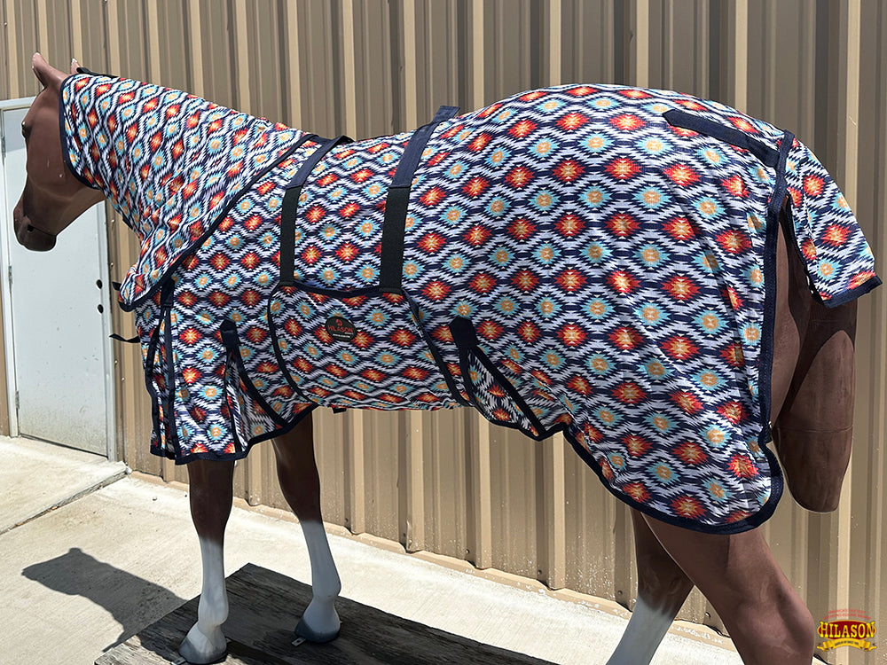 Hilason 66-84 Inch Horse Fly Sheet with UV Protection & Mesh - Bug & Mosquito Proof Summer Blanket - Aztec Design for Outdoor Riding & Pasture Use