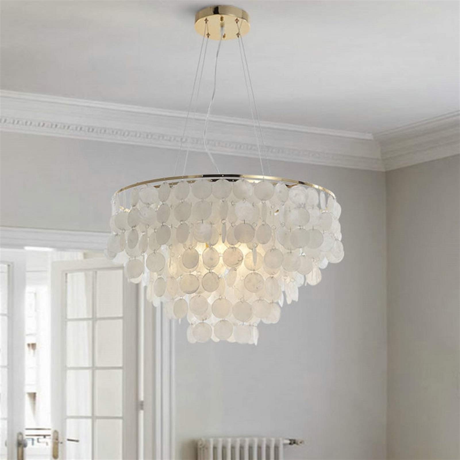 Modern Shell Pendant Lamp - Elegant Dining Room & Living Room Chandelier with Mother-of-Pearl Plates - E27 Hanging Light for Bedroom, Kitchen, or Entryway (50cm, White) - Perfect for Coastal, Boho & Farmhouse Decor