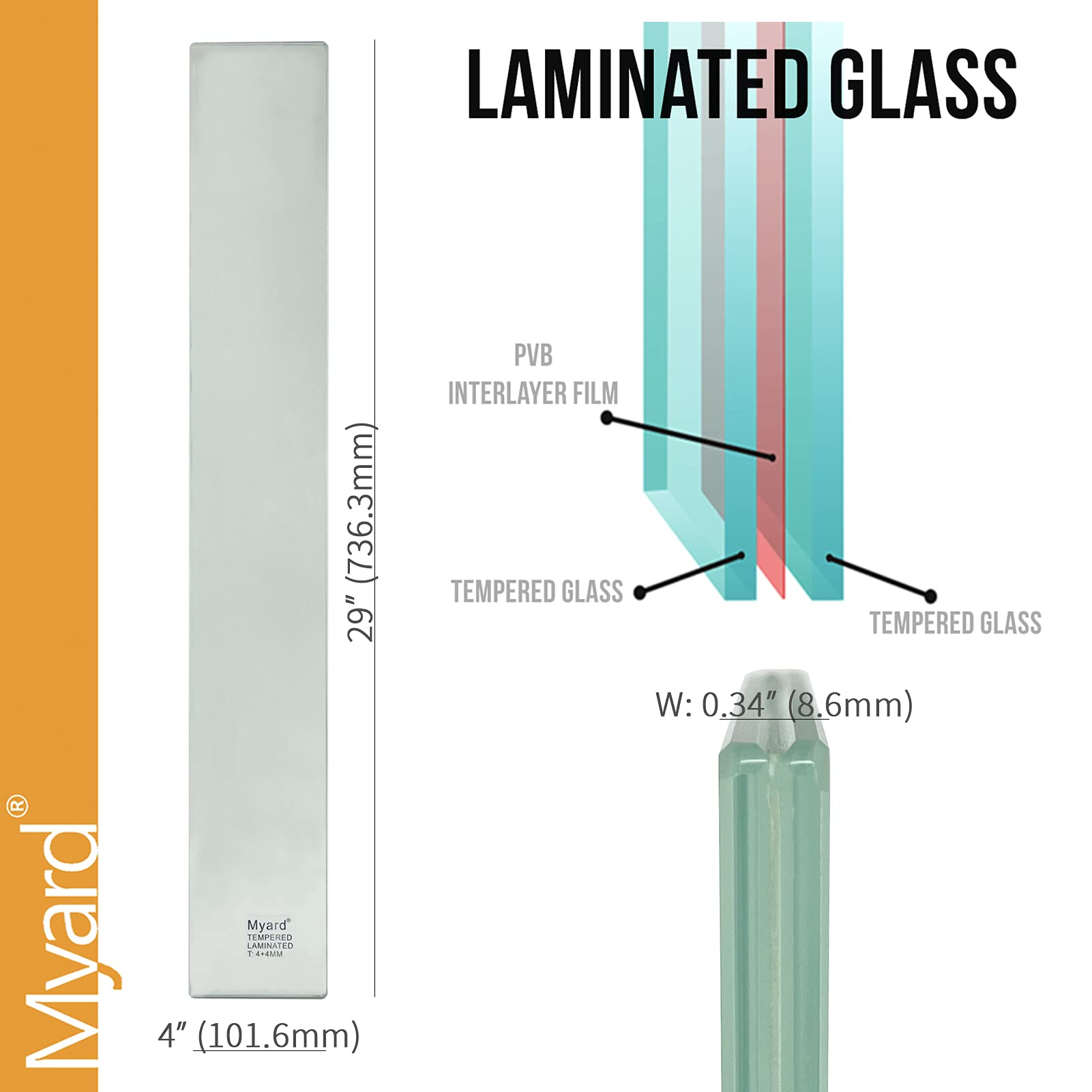 5-Pack 29 Inch Myard Tempered Glass Balusters - Laminated Safety Glass for Stair Railing, Deck, Porch & Fence (Fits Wood or Aluminum Rails) - Perfect for Modern Homes, Villas & Hallways