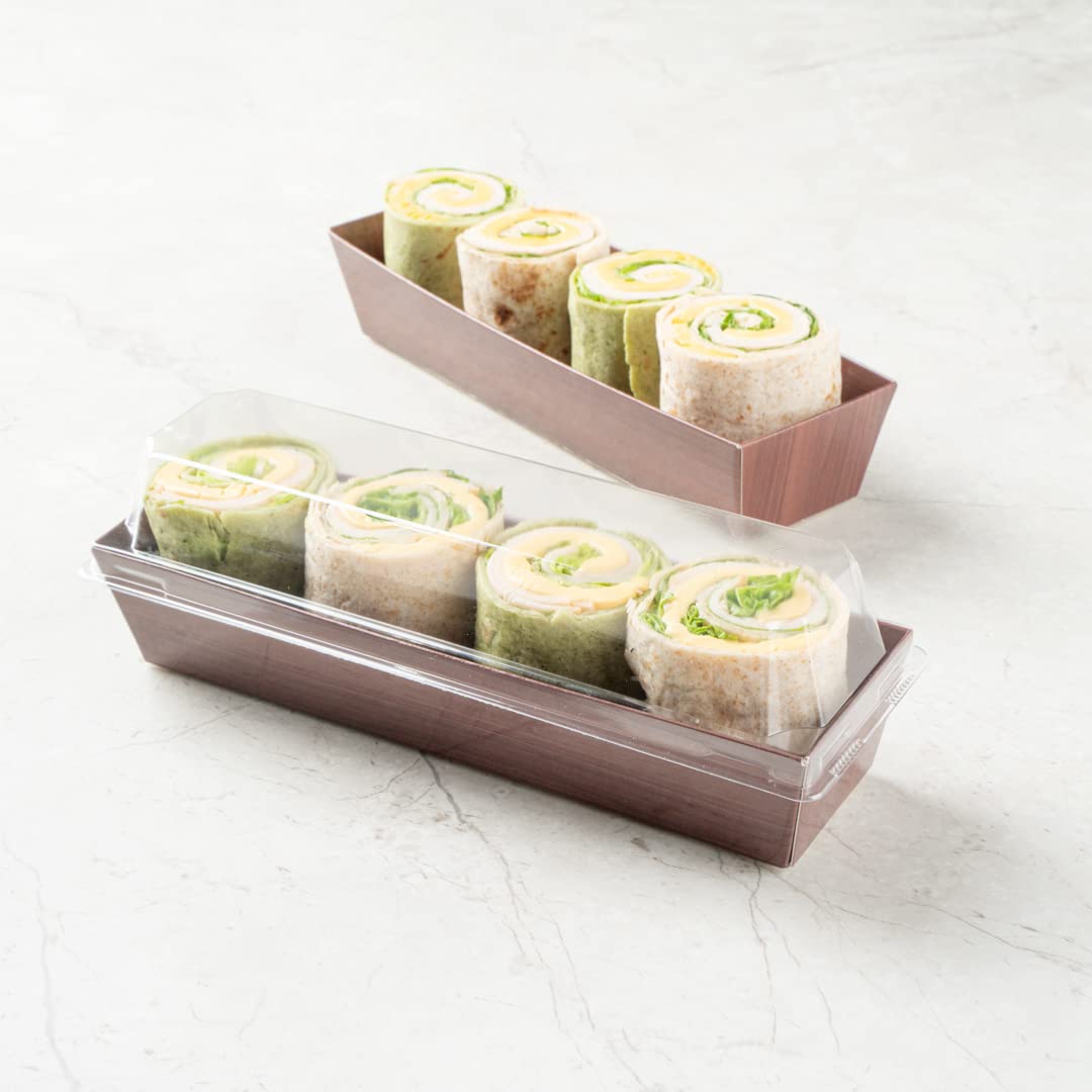 Restaurantware Matsuri Vision 6.5 x 1.7 x 1.4 Inch Disposable Sushi Trays - 100 Greaseproof Wood Grain Paper Sushi Containers for Appetizers, Desserts & Takeout (Lids Sold Separately) | Perfect for Japanese Restaurants, Catering & Food Delivery