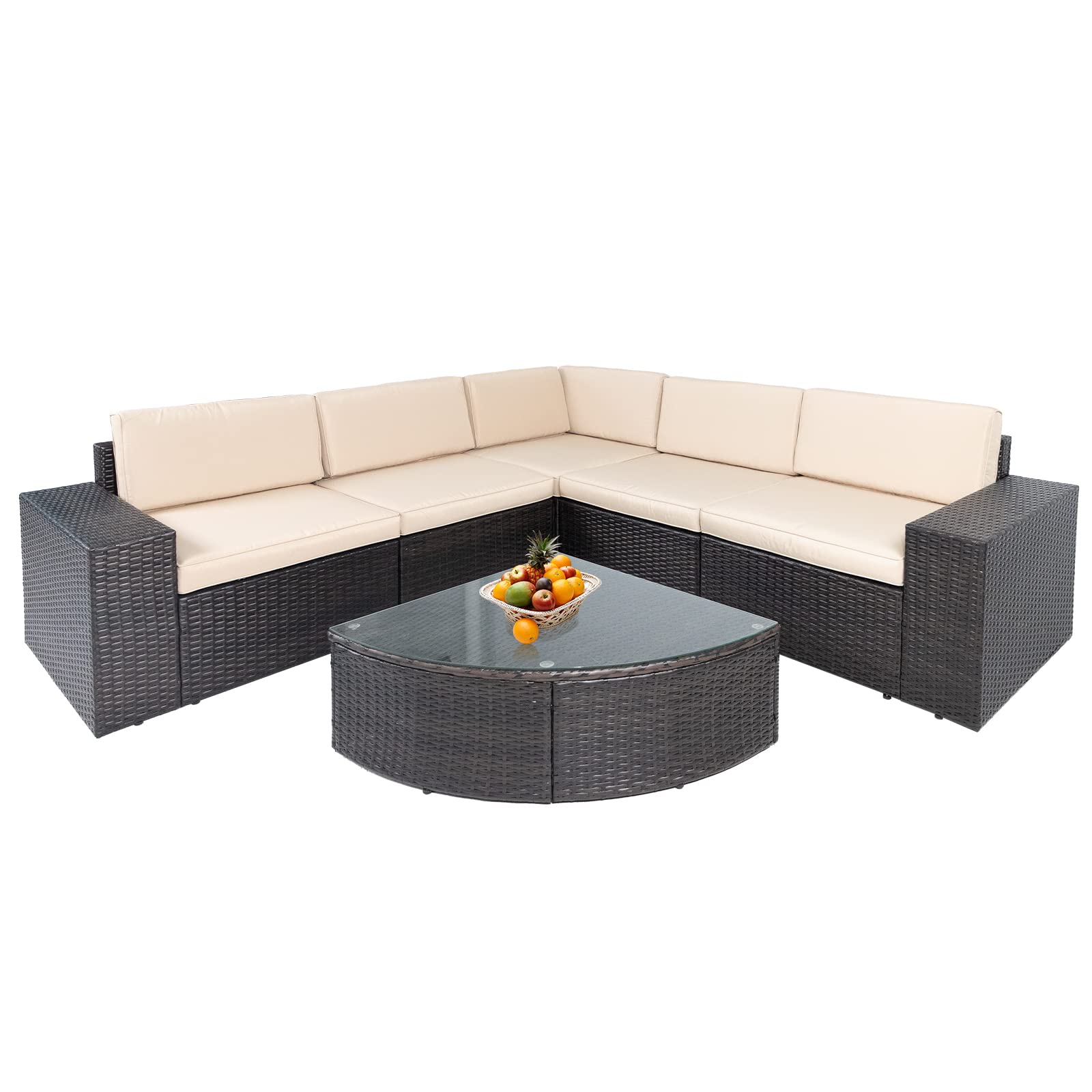 Betterland 6-Piece All-Weather PE Rattan Patio Furniture Set - Outdoor Sectional Sofa with Washable Cushions & Glass Coffee Table (Light Brown) - Perfect for Backyard, Garden, Poolside & Patio Relaxation
