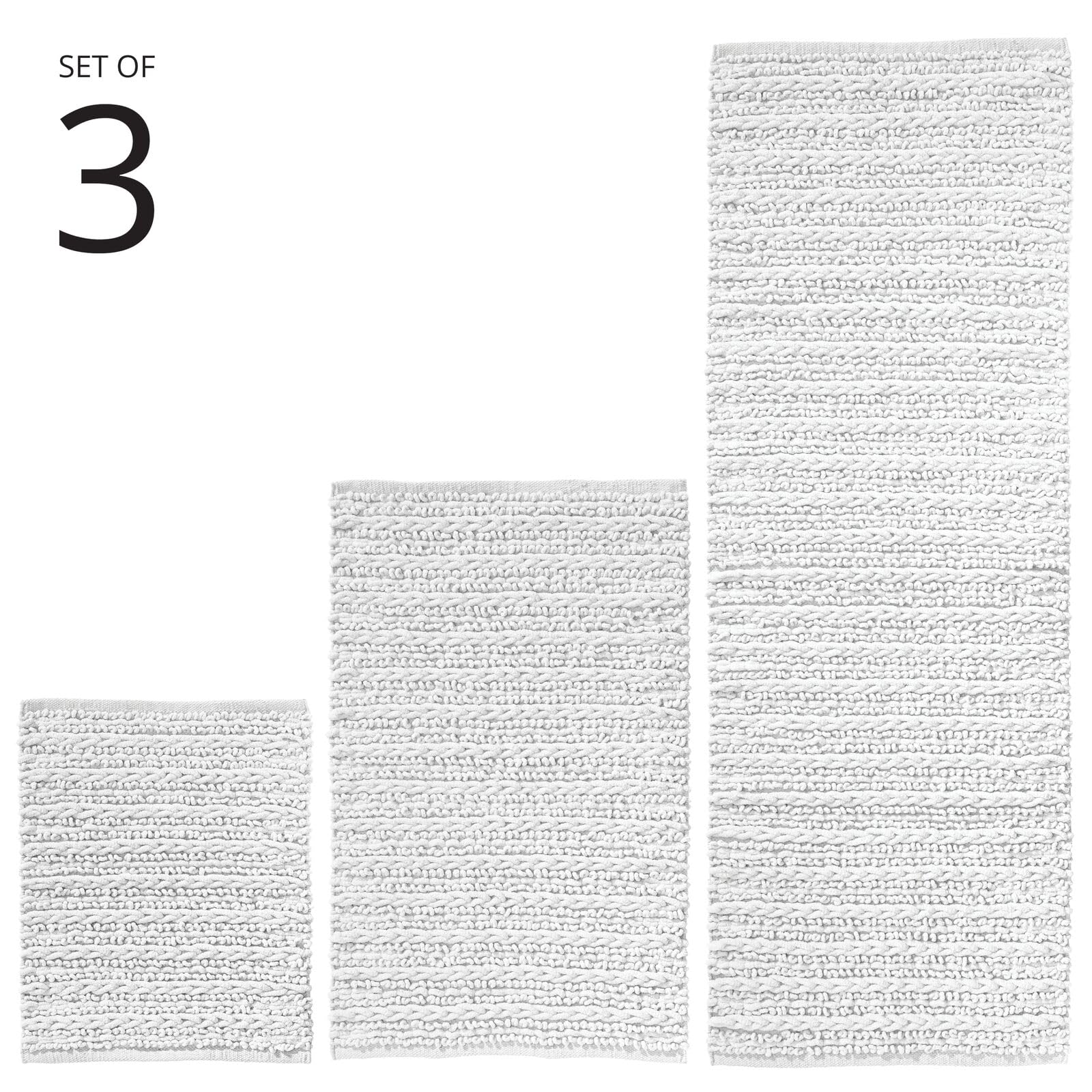 mDesign 3-Piece Cotton Bathroom Rug Set - Absorbent Braided Bath Mat, Vanity Runner & Shower Mat for Master/Guest Bathrooms - Soft & Durable (White, Standard/Small Size) - Perfect for Bathroom Floor Protection & Spa-Style Comfort