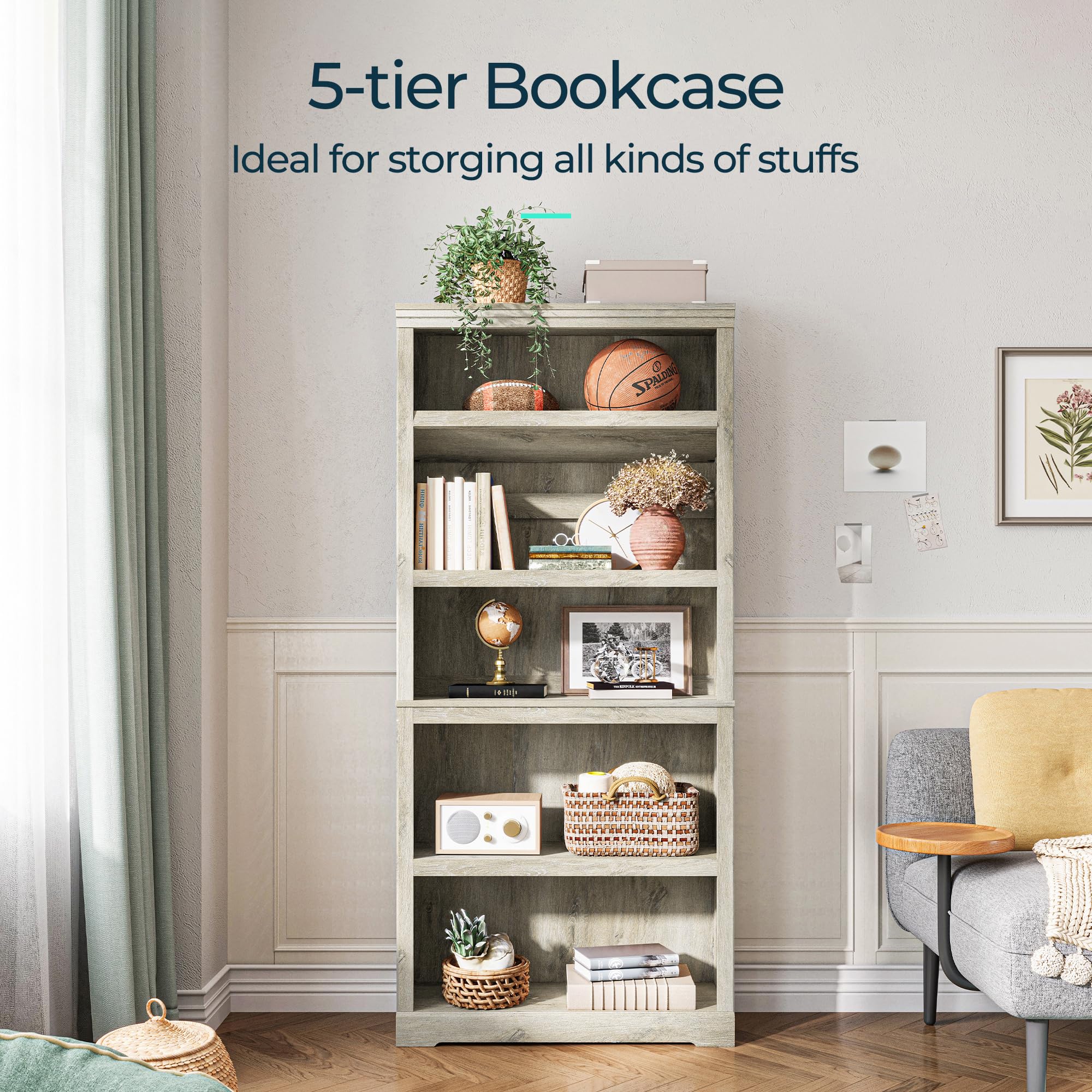 LINSY HOME 5-Shelf Tall Bookcase - 68 Inch Floor Standing Bookshelf with Storage for Home Office, Living Room & Bedroom - Light Brown Wooden Display Shelf for Books, Decor & Organizing Spaces