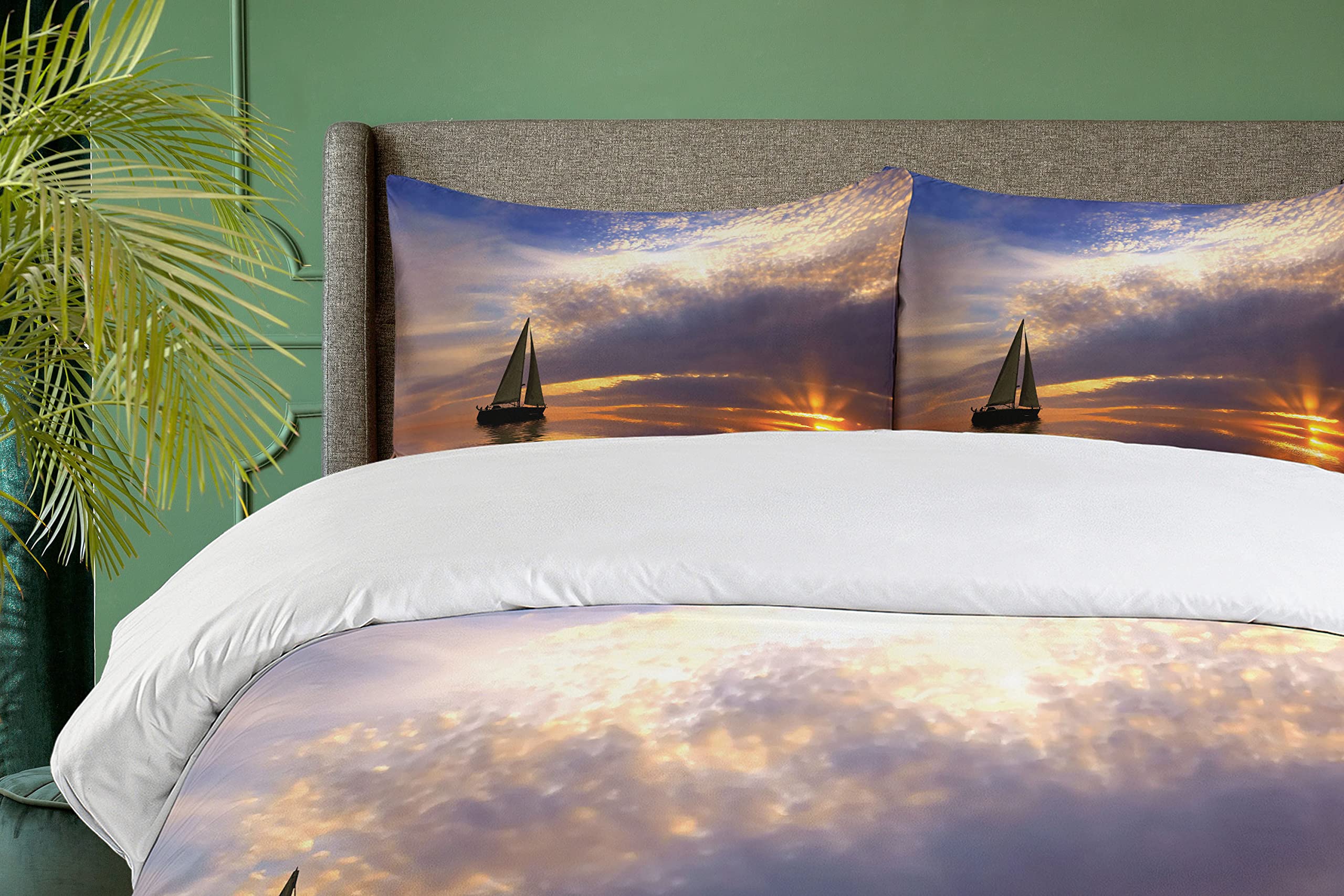 Ambesonne Sailboat Duvet Cover Set - Queen Size 3 Piece Bedding with 2 Pillow Shams | Nautical Themed Marigold Blue Grey Design | Perfect for Beach House Decor, Romantic Honeymoon Bedroom & Coastal Inspired Home Styling