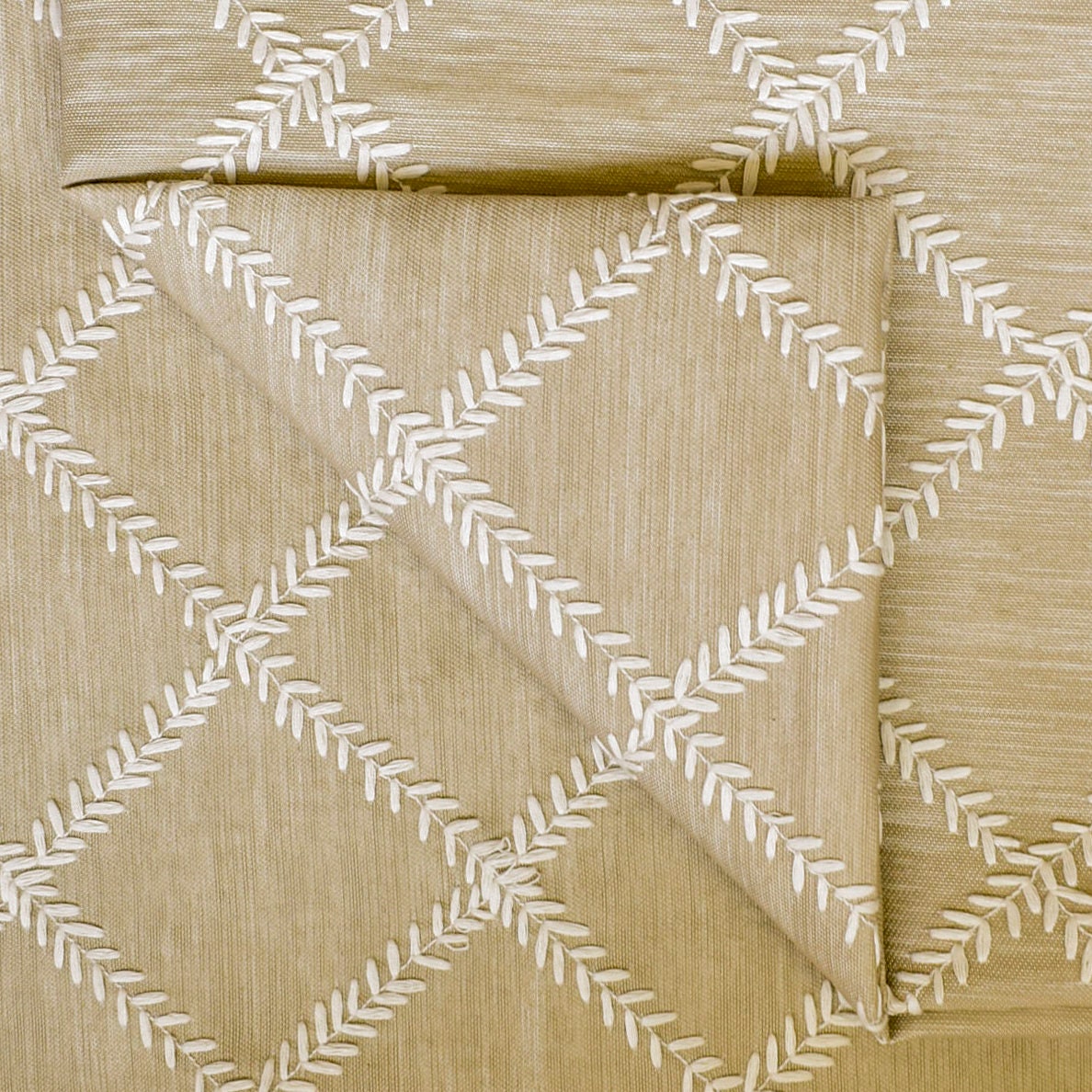 Beige Leafy Diamond Chain Stitch Embroidery Curtain Panels - Elegant Boho Window Treatments for Living Room & Bedroom Decor