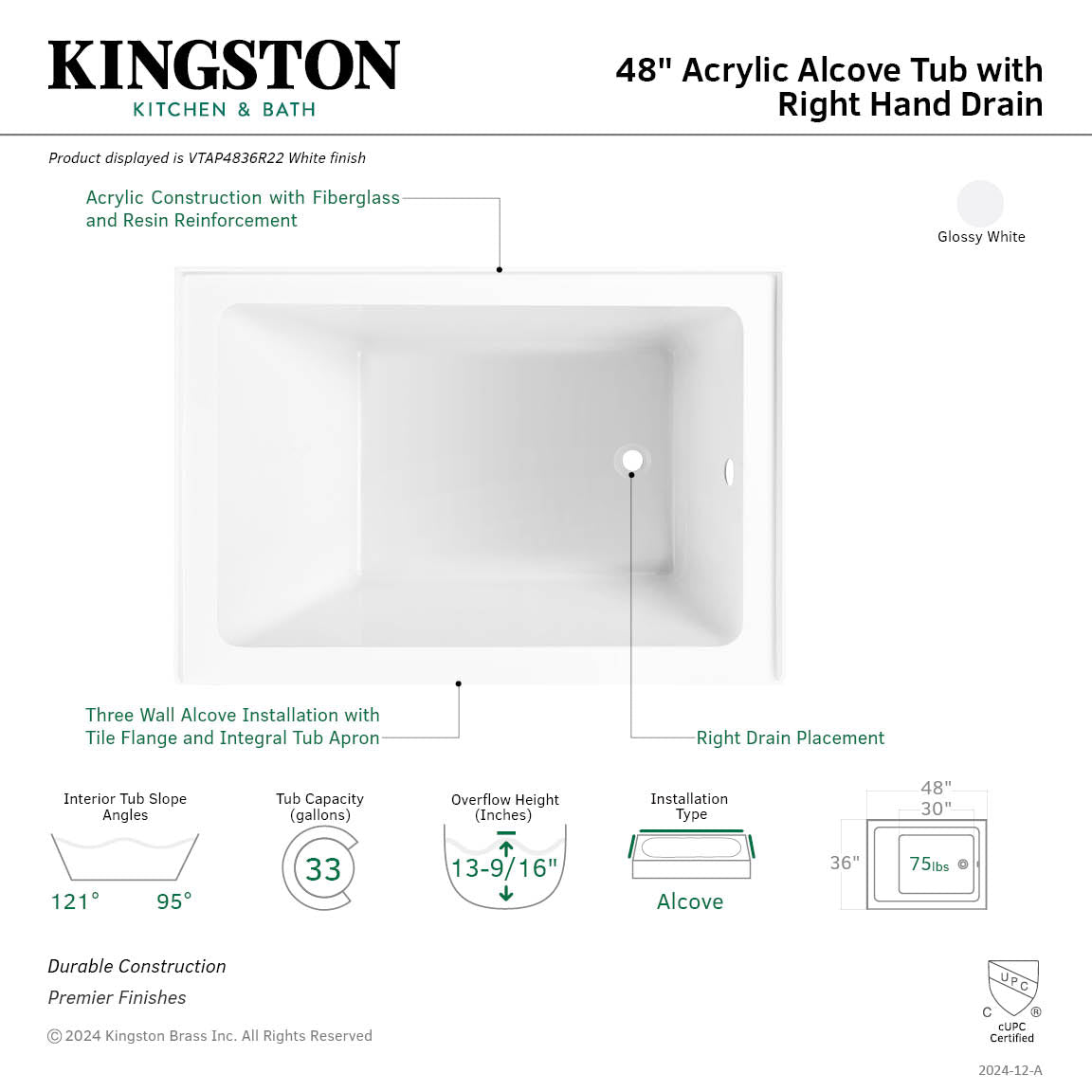 Aqua Eden VTAP4836R22 48-Inch Acrylic Rectangular 3-Wall Alcove Bathtub - Right Hand Drain, Glossy White - Perfect for Modern Bathrooms, Spa-Like Retreats & Small Space Solutions