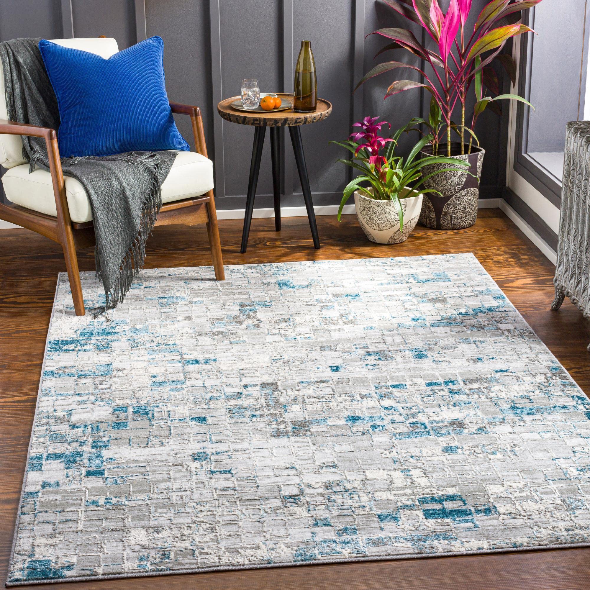 Mark&Day 7x9 Modern Teal Area Rug - Soft Gray Blue White Carpet for Living Room, Bedroom, Kitchen - 6'7