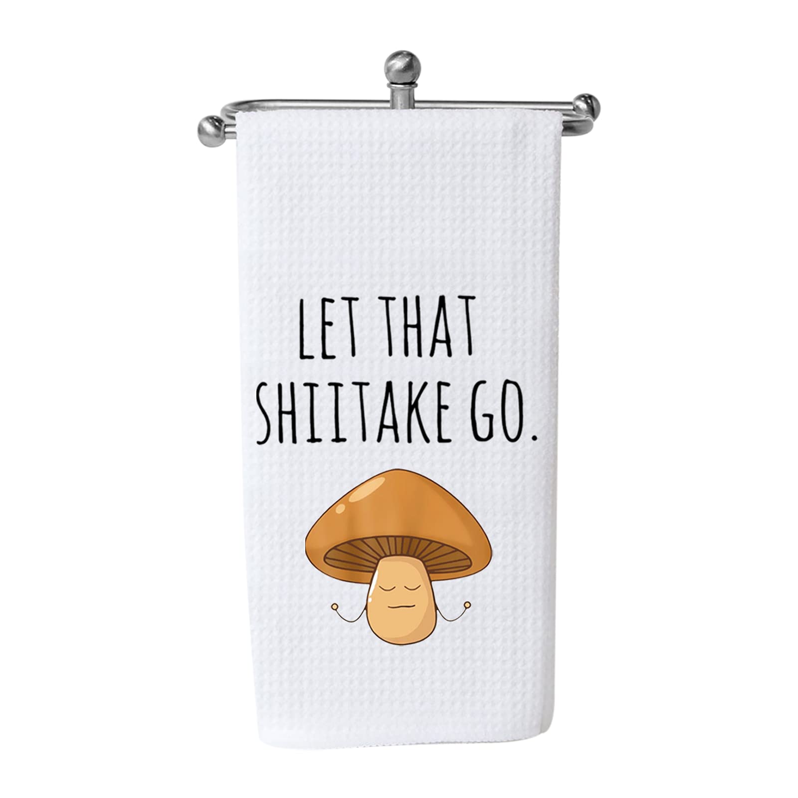 Funny Mushroom Kitchen Towel - Let That Shiitake Go Pun Dish Towel | Waffle Weave Absorbent & Durable | Perfect Housewarming Gift for Food Lovers & Home Cooks | Great for Cooking, Baking & Kitchen Decor