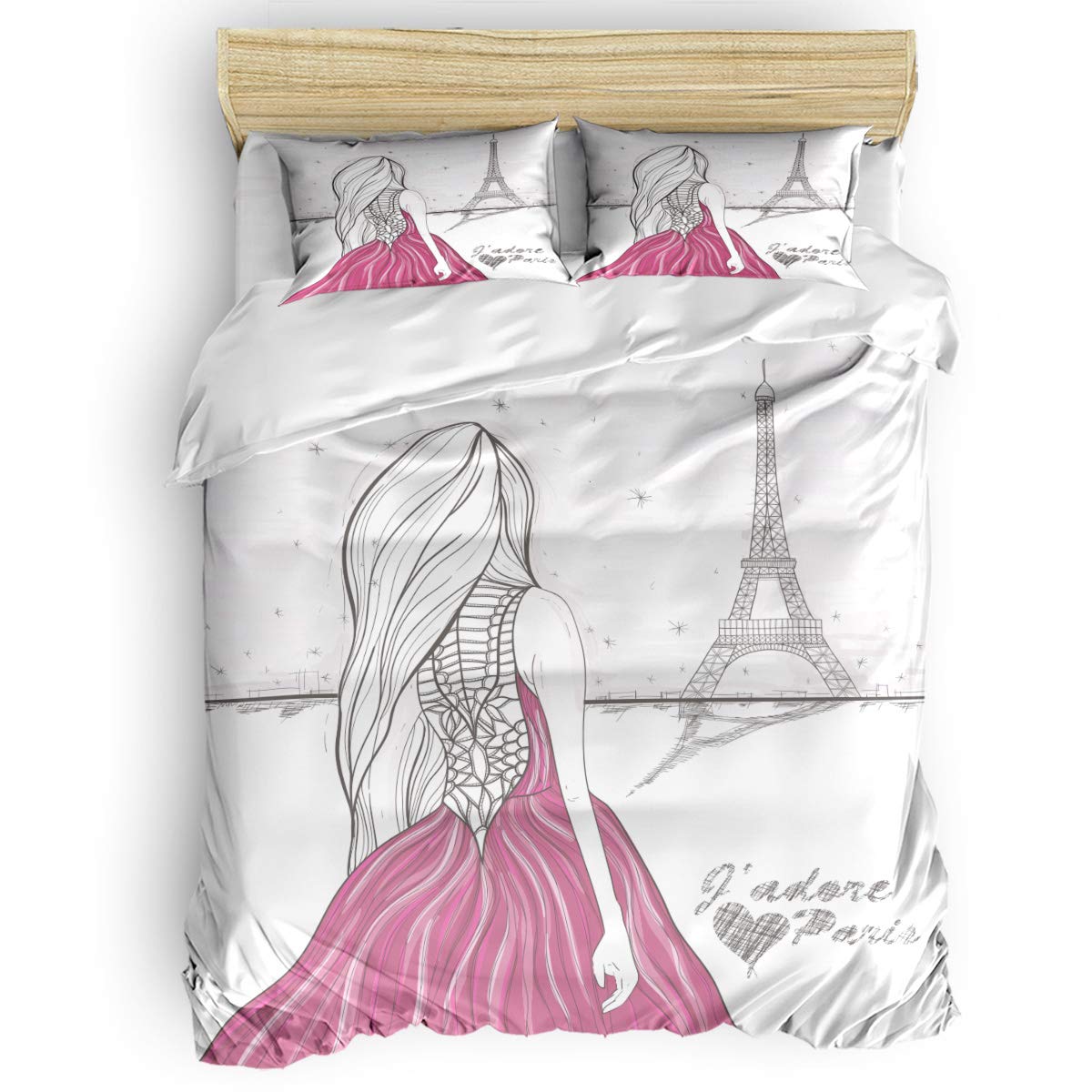 Yogaly 4-Piece King Size Bedding Set - Paris Eiffel Tower Girl with Skirt Printed Bed Sheets, Duvet Cover, Flat Sheet & Pillowcases for Adults, Teens, Kids & Nursery | Soft & Breathable Luxury Bedding for Master Bedroom, Guest Room or Dorm Decor