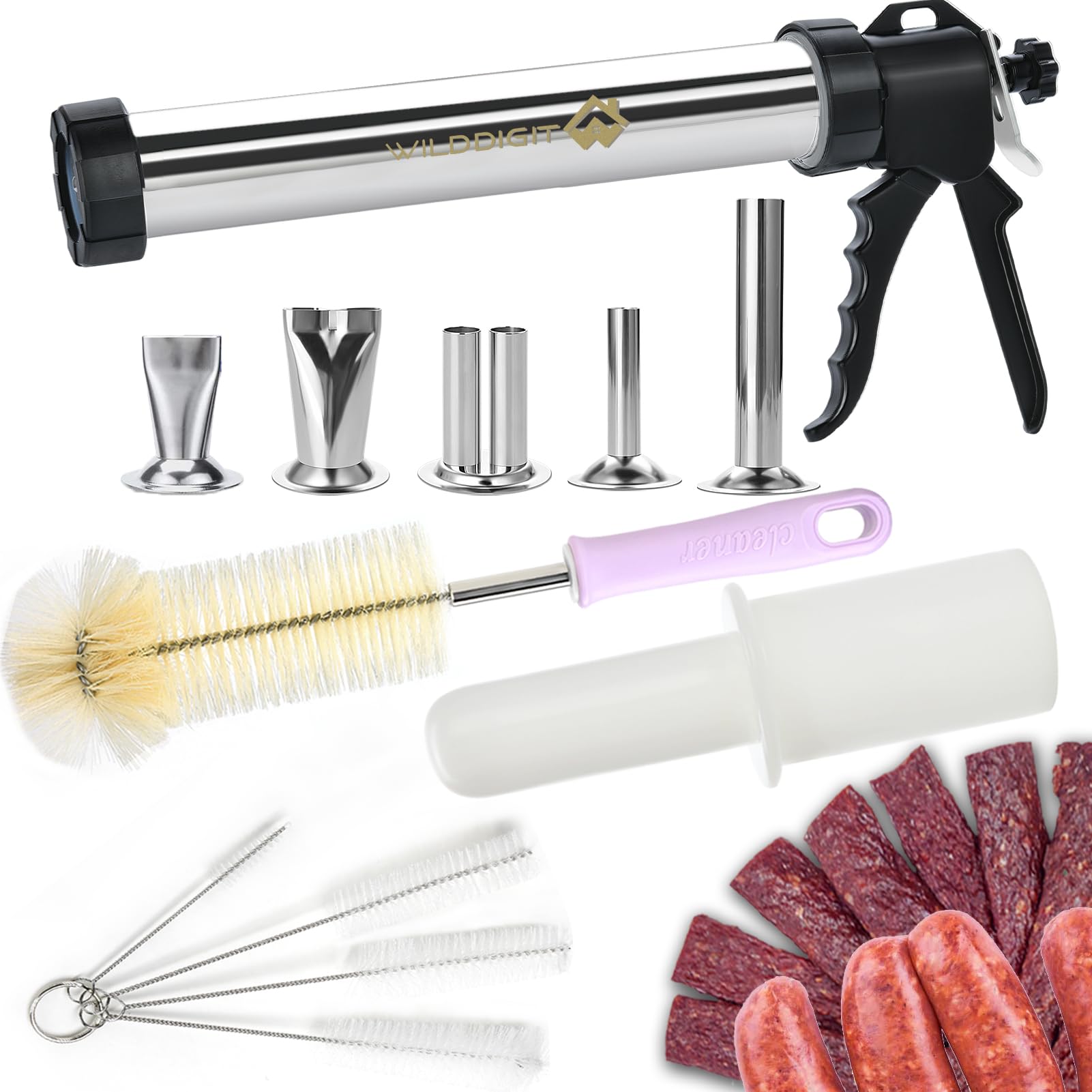 Premium Stainless Steel Beef Jerky Gun Kit - 5 Nozzles & Brushes Included - Perfect for Homemade Jerky, Snack Sticks & Pet Treats - Great for Camping, Hiking & Outdoor Adventures