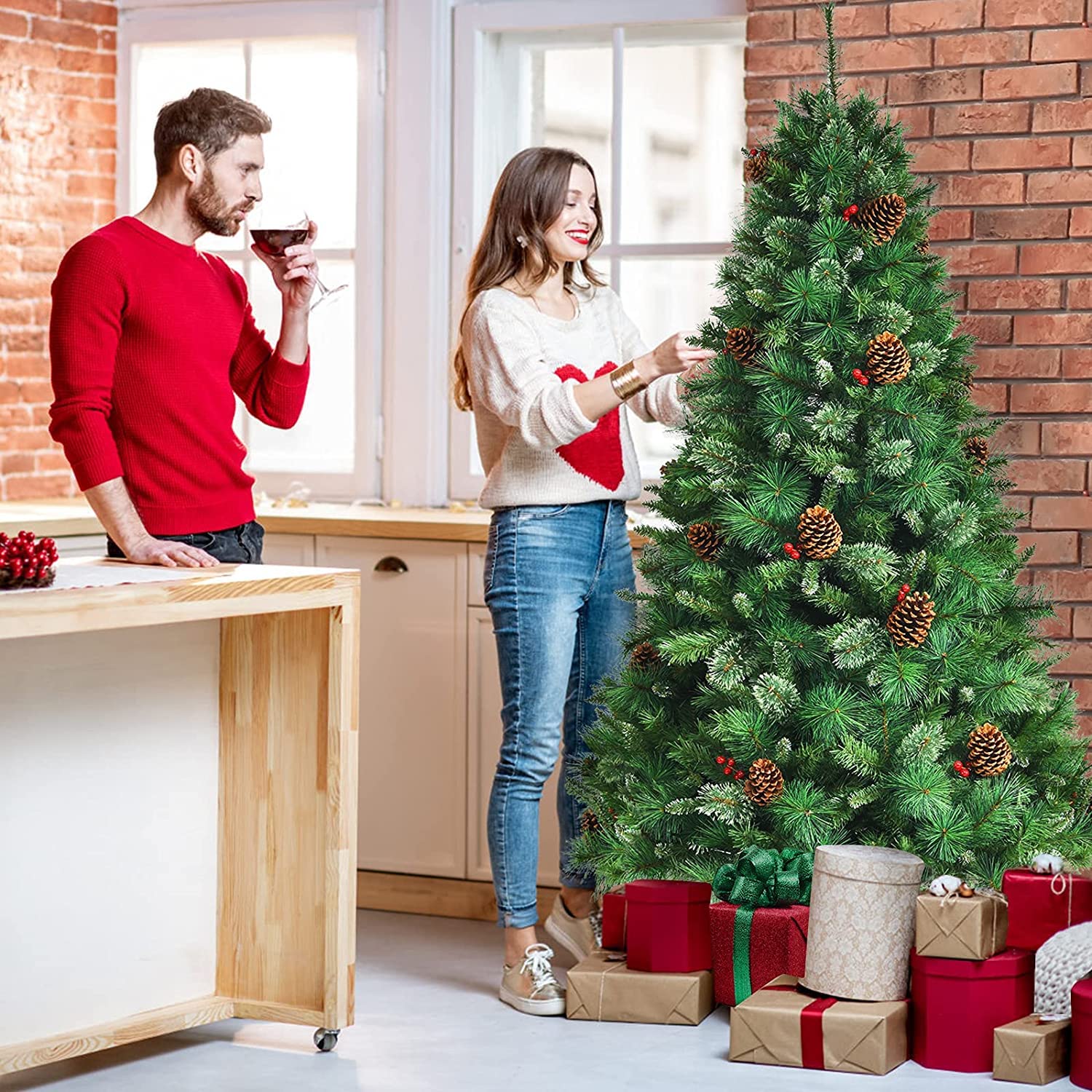 CHEFJOY 7ft Artificial Christmas Tree with Realistic PVC Pine Needles, Red Berries & Pine Cones - Pre-Lit Hinged Xmas Tree with Metal Stand for Easy Assembly | Perfect for Living Room, Office & Holiday Decorations