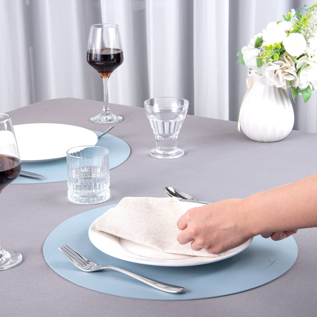 16 Inch Round Vinyl Placemats Set of 6 - Stain-Resistant, Embossed Light Blue Table Mats with Leather-Like Feel for Surface Protection | Perfect for Dining Tables, Restaurants, and Home Decor