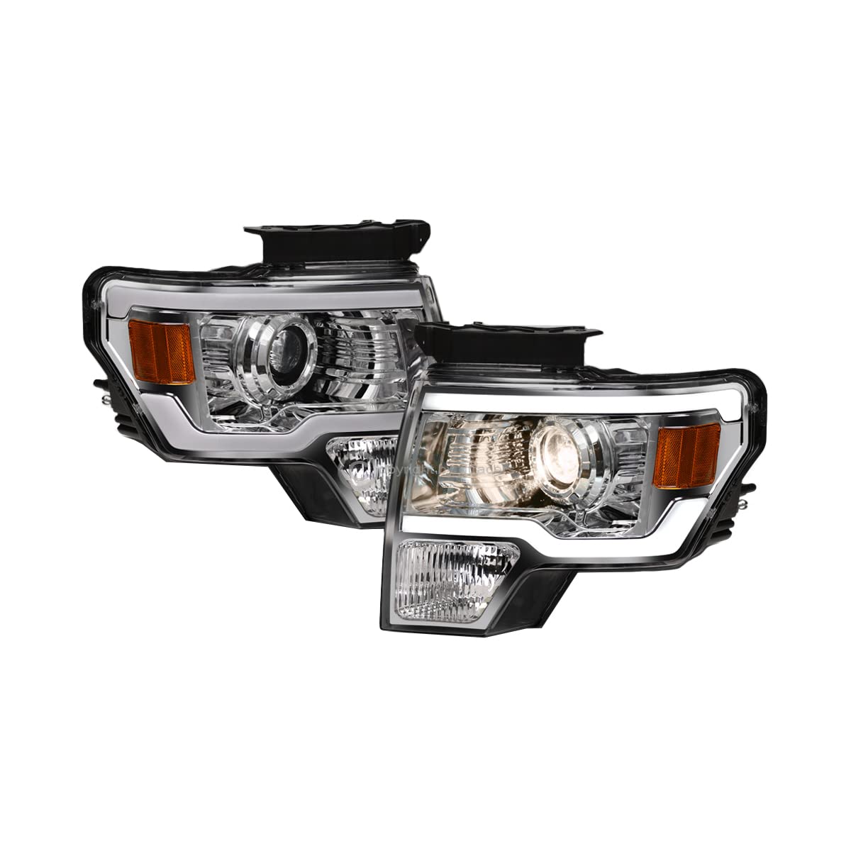 2009-2014 Ford F150 LED Projector Headlight Assembly - Chrome Finish with Amber Signal & LED Tube Bar | Compatible with All Models | Upgrade Your Truck's Front Bumper Lighting for Night Driving & Off-Road Adventures