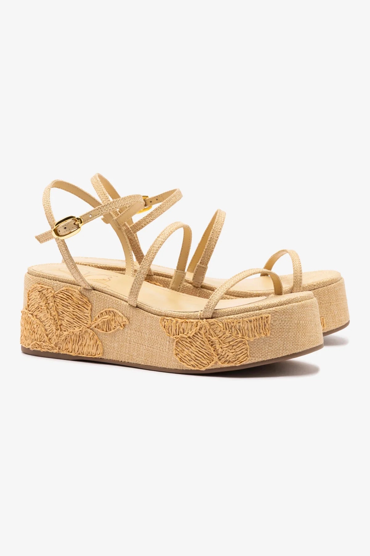 Gio Women's Flatform Sandals in Beige Raffia with Hibiscus Embroidery - Comfortable Summer Beach Shoes for Vacation, Pool Party and Casual Outings