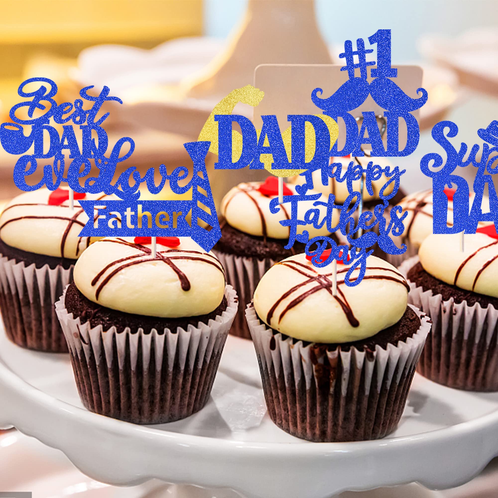 24 Pack Happy Father's Day Cupcake Toppers - Glitter Best Dad Ever Cake Decorations with #1 Dad, Tie, Mustache & Hat Designs - Perfect for Father's Day Parties, Men's Birthday Celebrations & DIY Cake Decorating