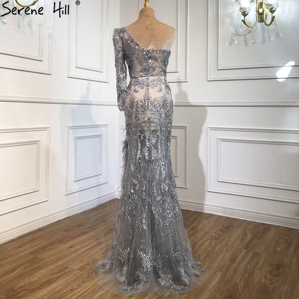 Elegant Grey High Slit Mermaid Evening Dress 2025 - One Shoulder Beaded Feather Formal Gown for Prom, Wedding & Special Occasions | LA70691