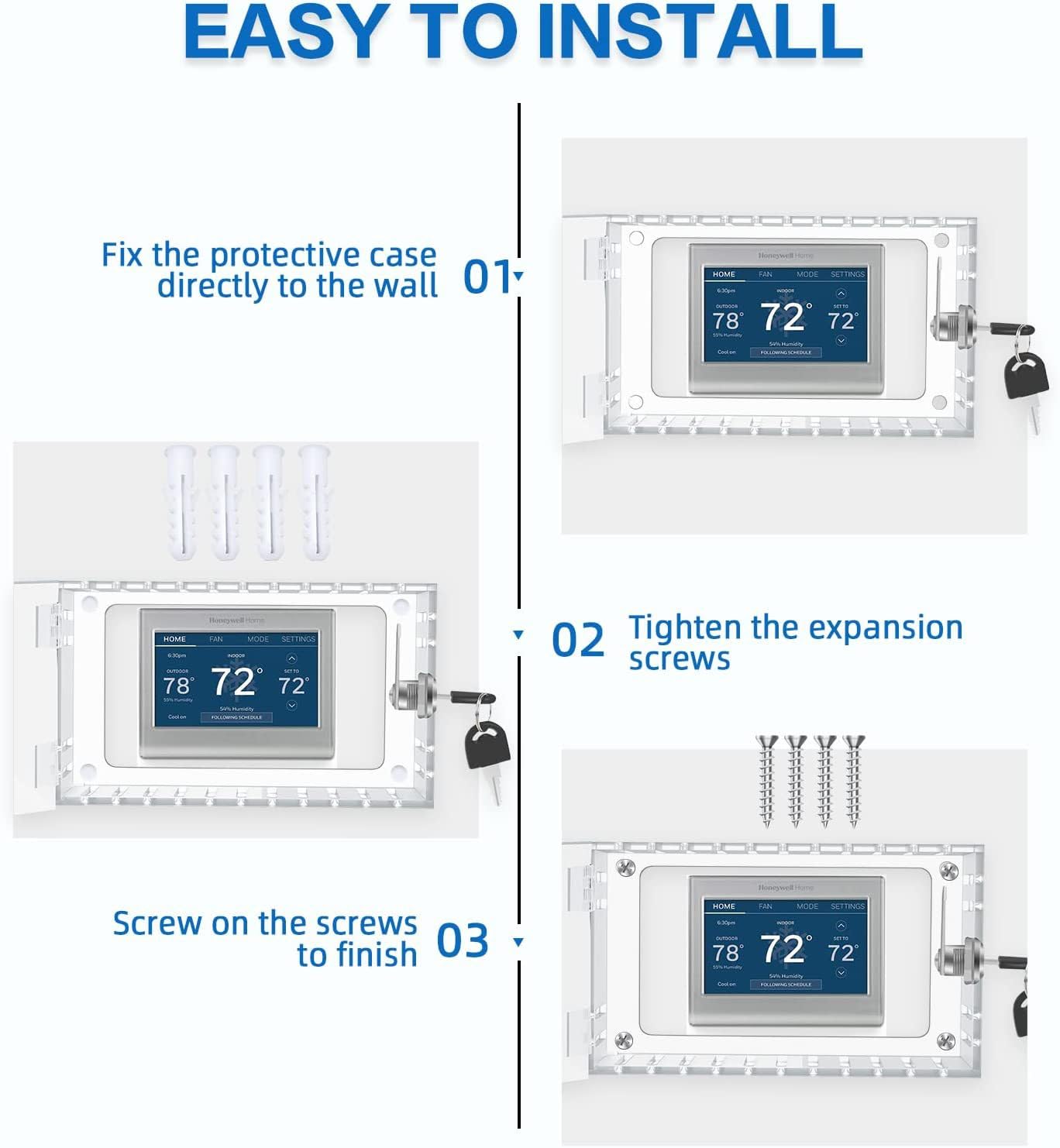 Universal Thermostat Lock Box with Key - Clear Acrylic Wall Mounted Cover Guard for Thermostats up to 7.8