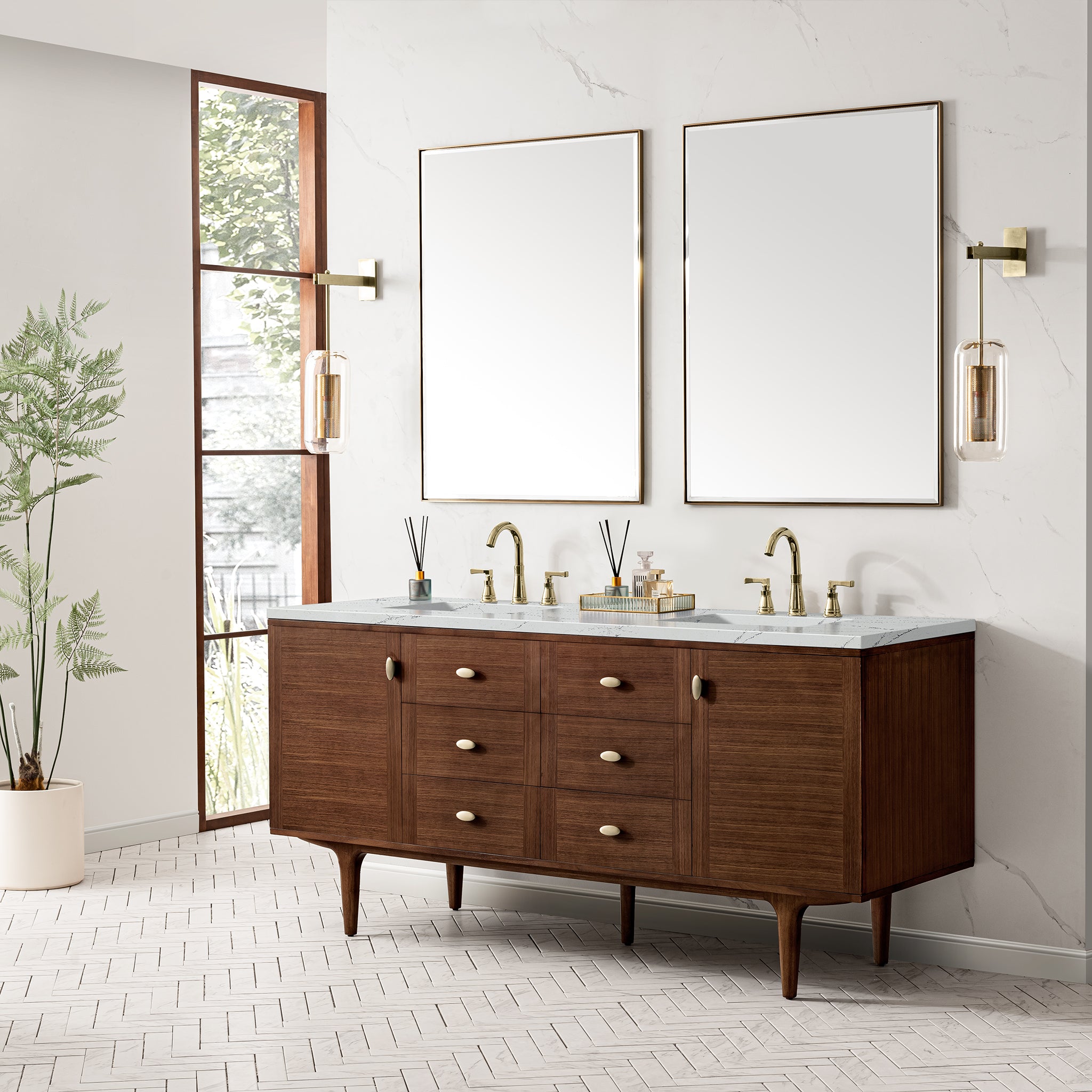 Amberly 72 Inch Double Vanity with Mid Century Walnut Finish & 3CM Ethereal Noctis Top - Perfect for Modern Bathroom Renovations and Luxury Home Decor