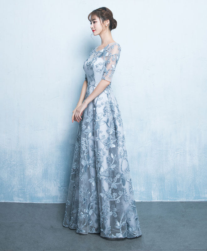 Elegant A-Line Round Neck Tulle Gray Long Prom Dress for Women - Perfect for Formal Dances, Evening Gala & Special Occasions