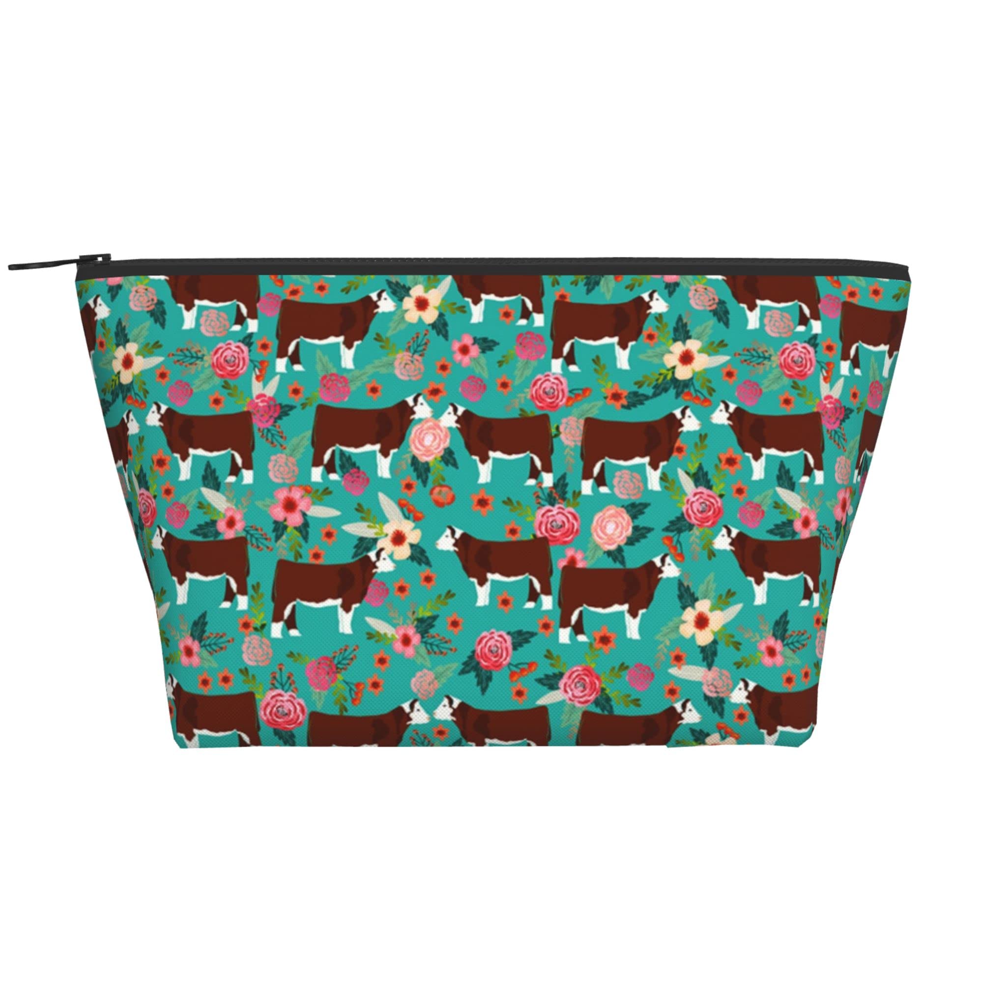 Waterproof Cosmetic Bag for Women & Girls - Travel Makeup Organizer with Zipper, Oxford Cloth Toiletry Pouch (Hereford Cow Floral Print) - Perfect for Travel, Gym, Daily Use & Storage