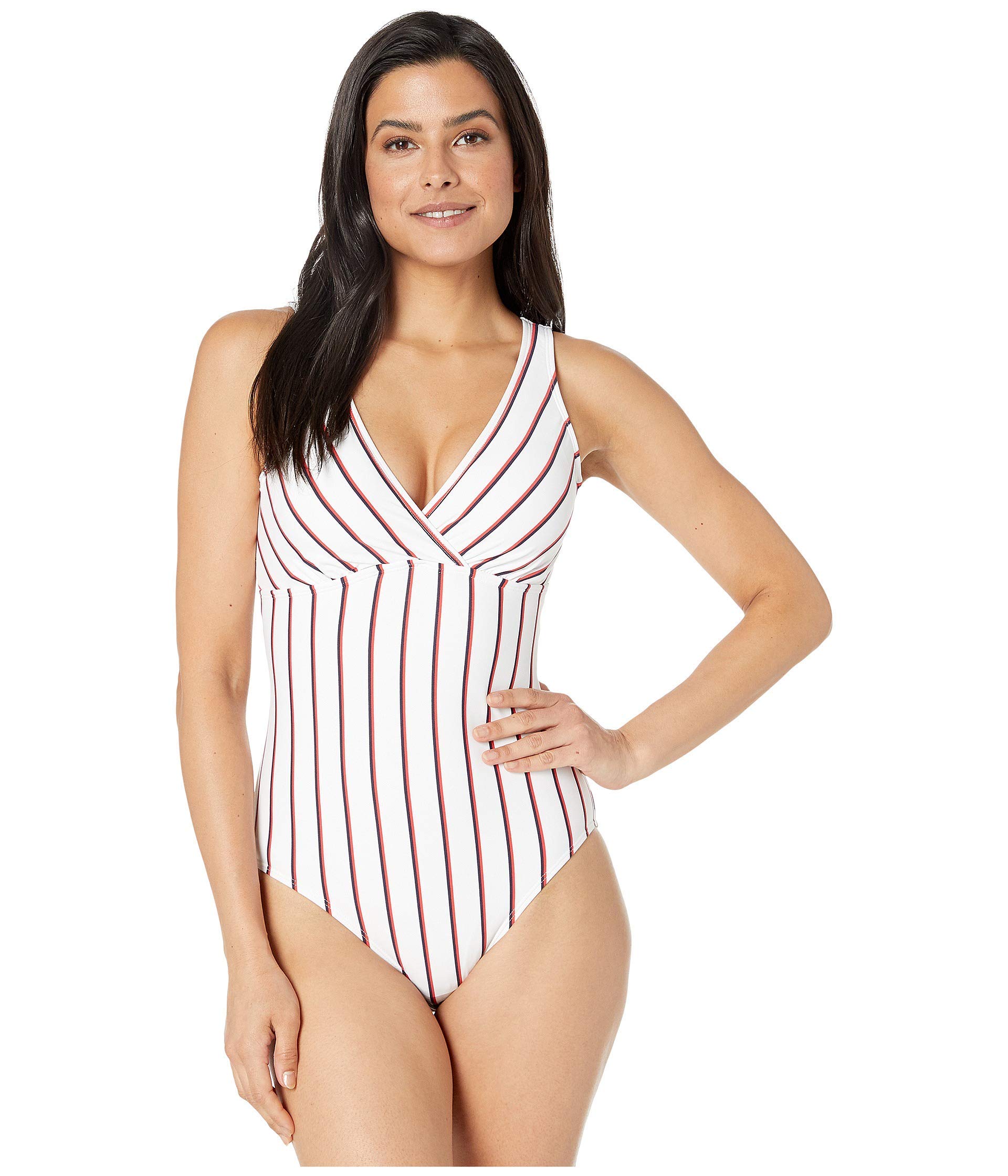 LAUREN RALPH LAUREN Dylan Stripe Lace Back Surplice Underwire One-Piece Swimsuit - Women's White Size 16 | Beach Vacation, Pool Party, Summer Swimwear