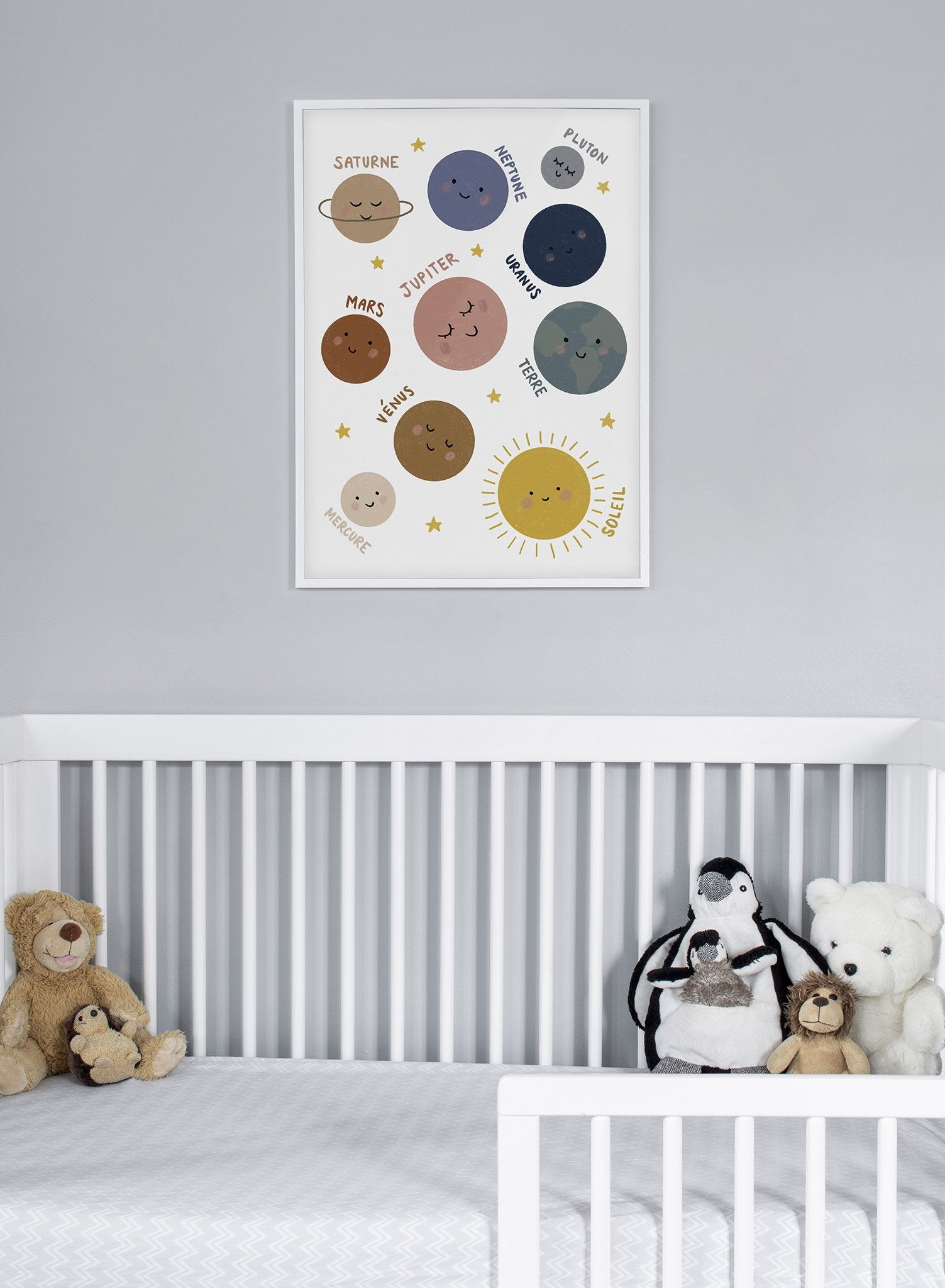 Happy Planets in French - Educational Space Poster for Kids Room Decor & Classroom Learning