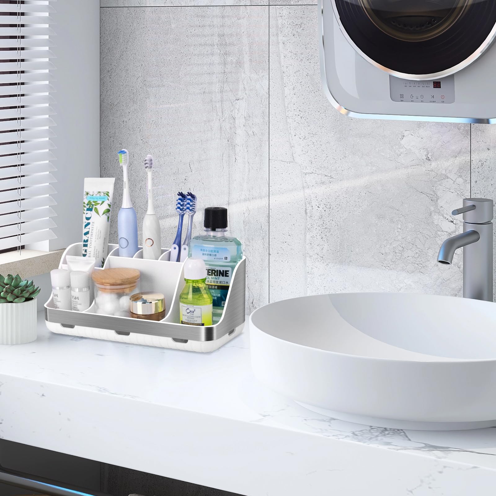 Silver Toothbrush Holder - 7 Slot Bathroom Organizer for Kids & Electric Toothbrushes | Countertop Storage Solution