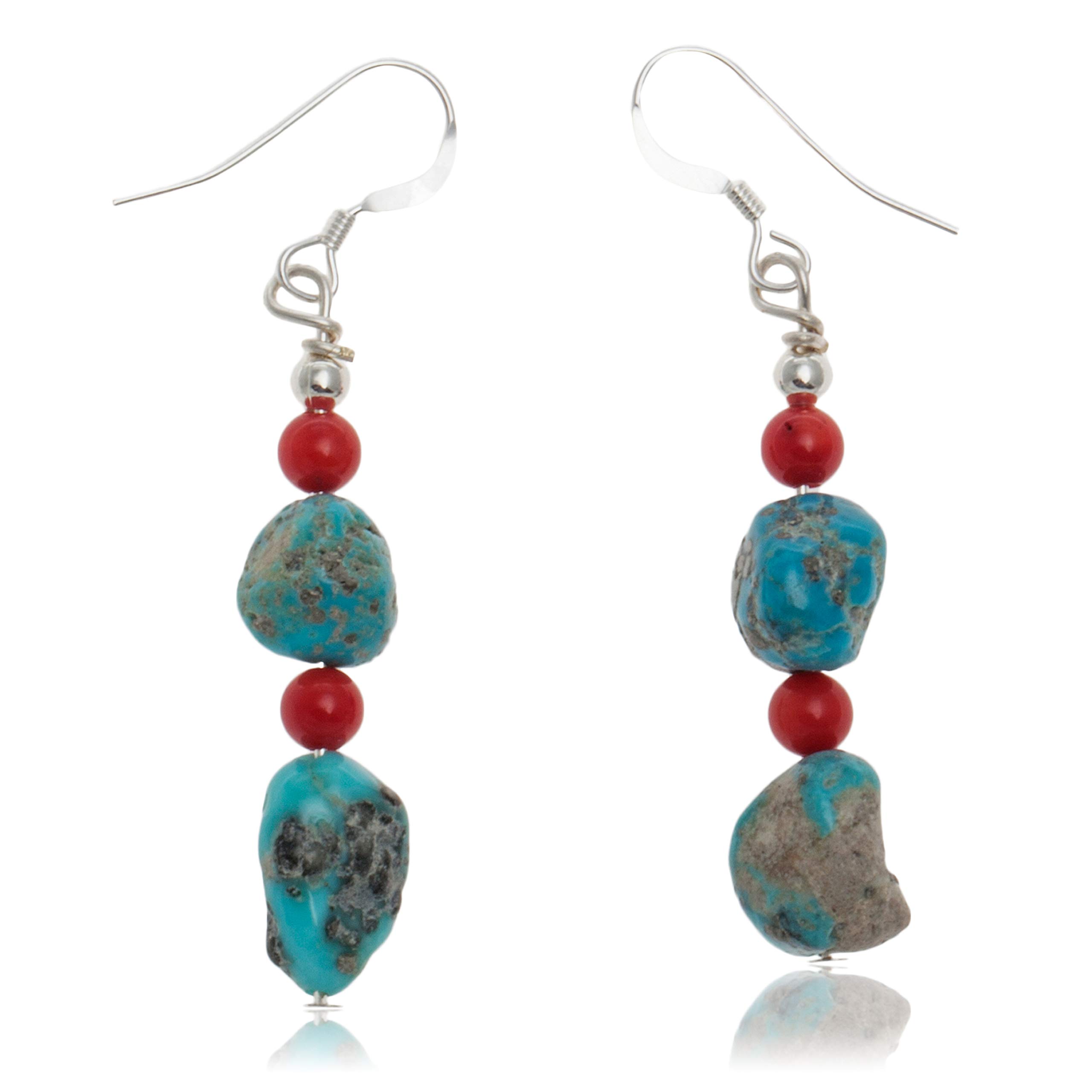 Authentic Navajo Native American Turquoise Coral Dangle Earrings with Sterling Silver Hooks - Handcrafted by Loma Siiva - Perfect for Boho Fashion & Southwest Style Jewelry Collection