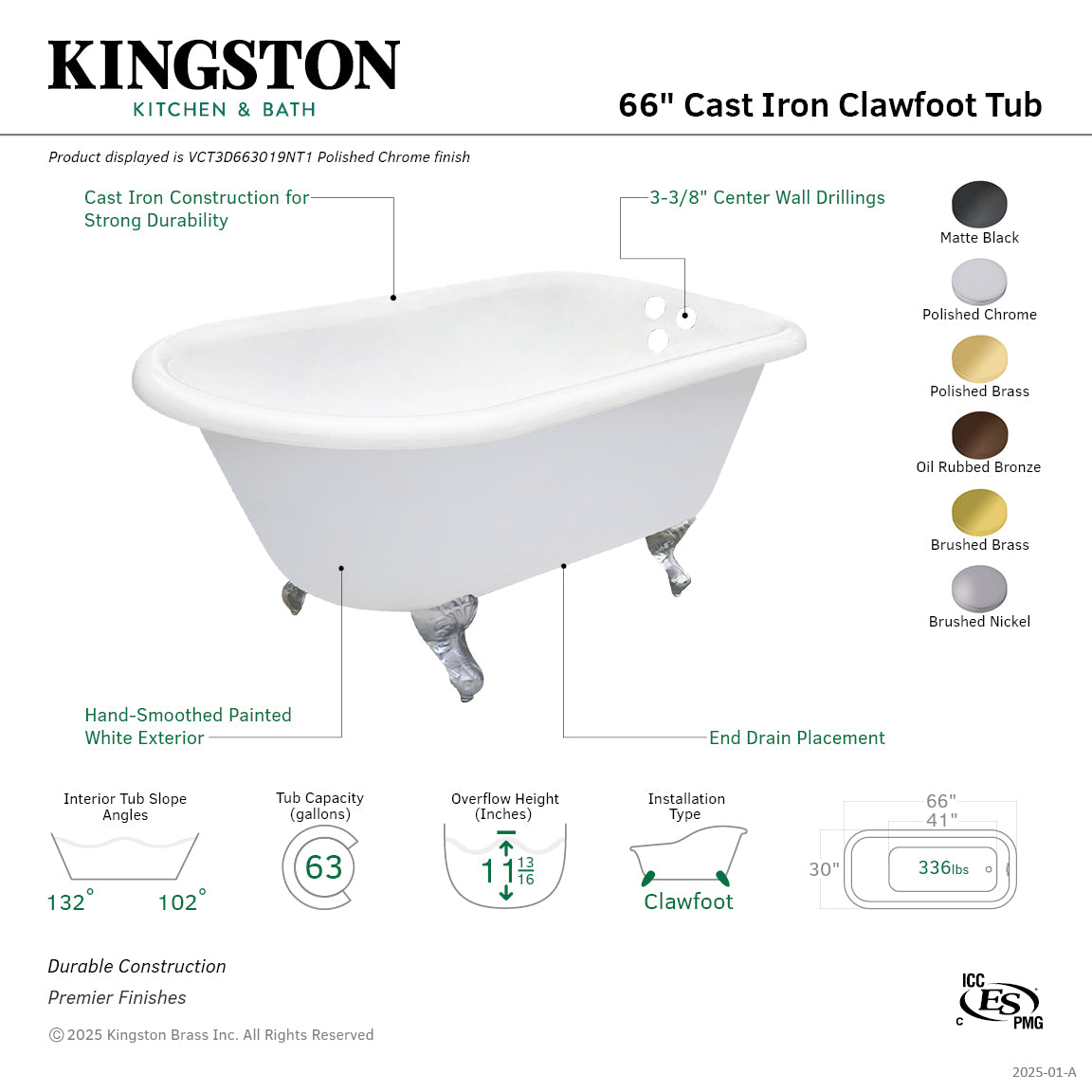 Aqua Eden 66 Inch White Cast Iron Clawfoot Bathtub with Oil Rubbed Bronze Finish - Oval Roll Top Design, 3 3/8 Inch Wall Drillings - Perfect for Vintage & Modern Bathroom Decor