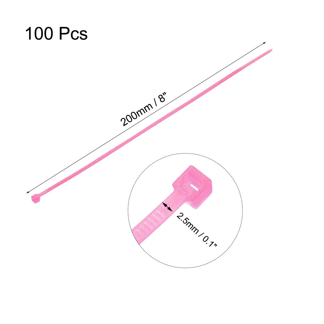 uxcell 8 Inch Nylon Cable Zip Ties (100pcs) - 1.1mm Thickness Self-Locking Wire Ties, Pink - Perfect for Home Office Organization, Computer Cable Management & DIY Projects