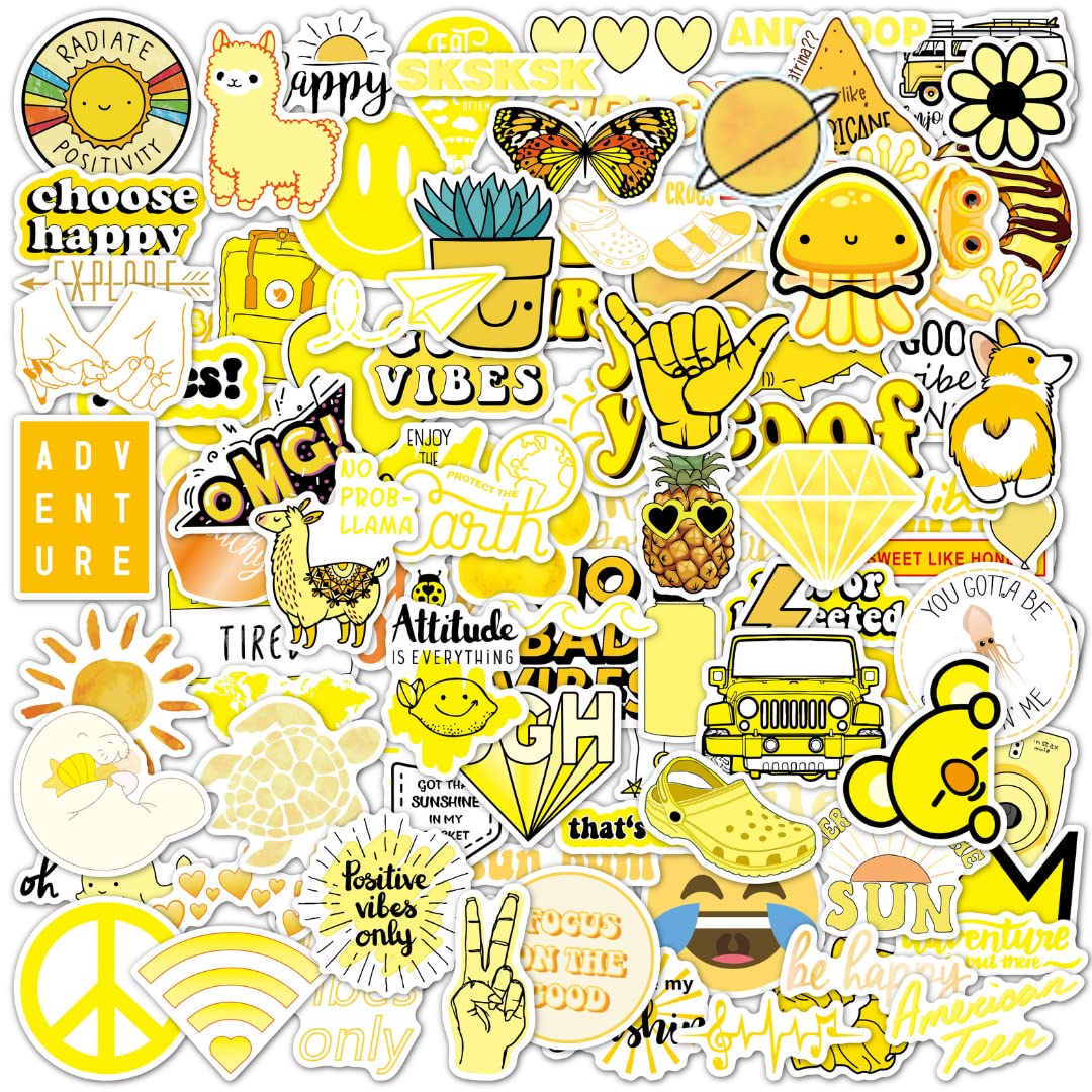 100 Pack Yellow VSCO Stickers - Waterproof Vinyl Aesthetic Stickers for Laptop, Water Bottle, Journal & Phone | Cute VSCO Girl Stickers for Teens, Scrapbooking & DIY Crafts (Yellow)