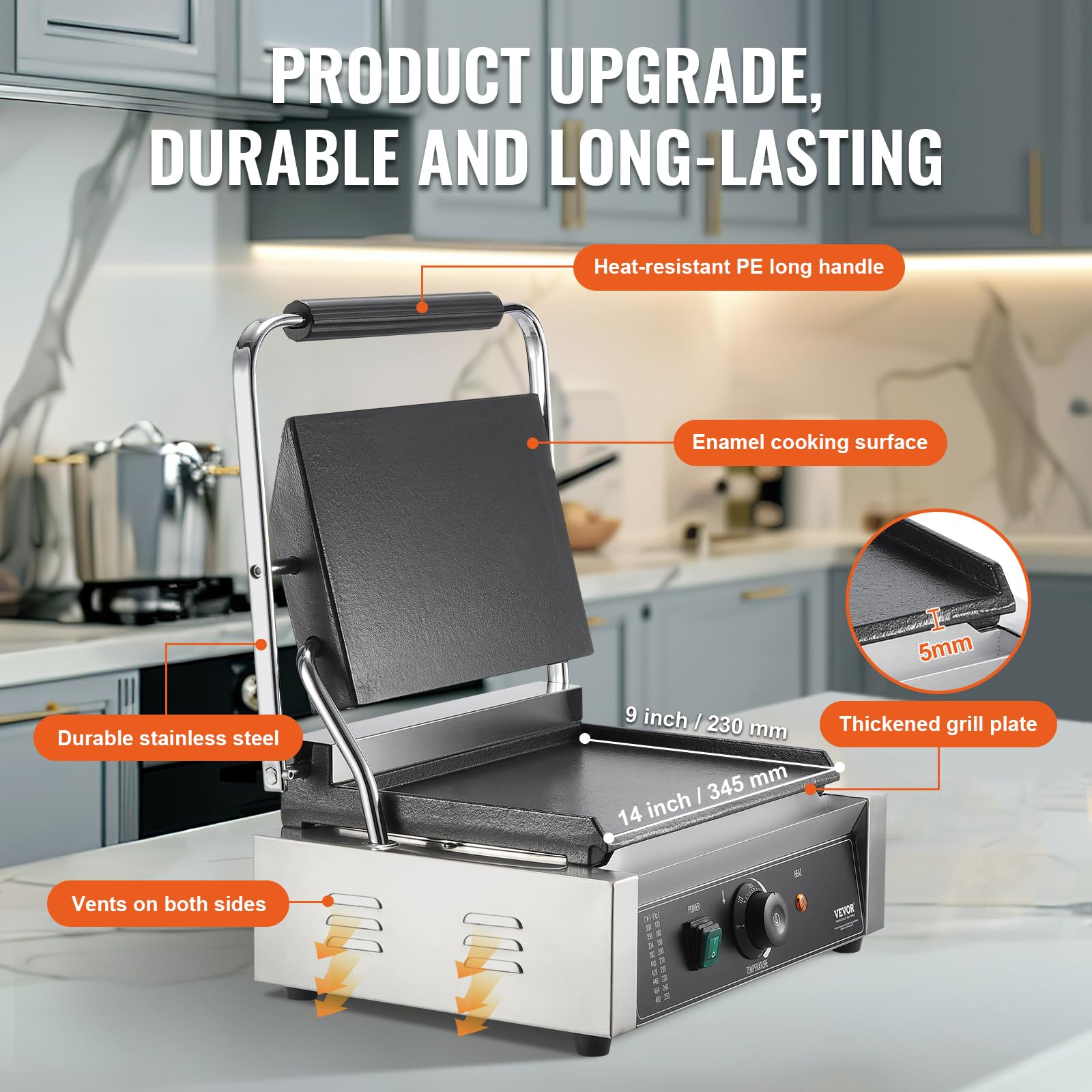 VEVOR 1800W Commercial Electric Panini Grill Press, Stainless Steel Sandwich Maker with Temperature Control & 14