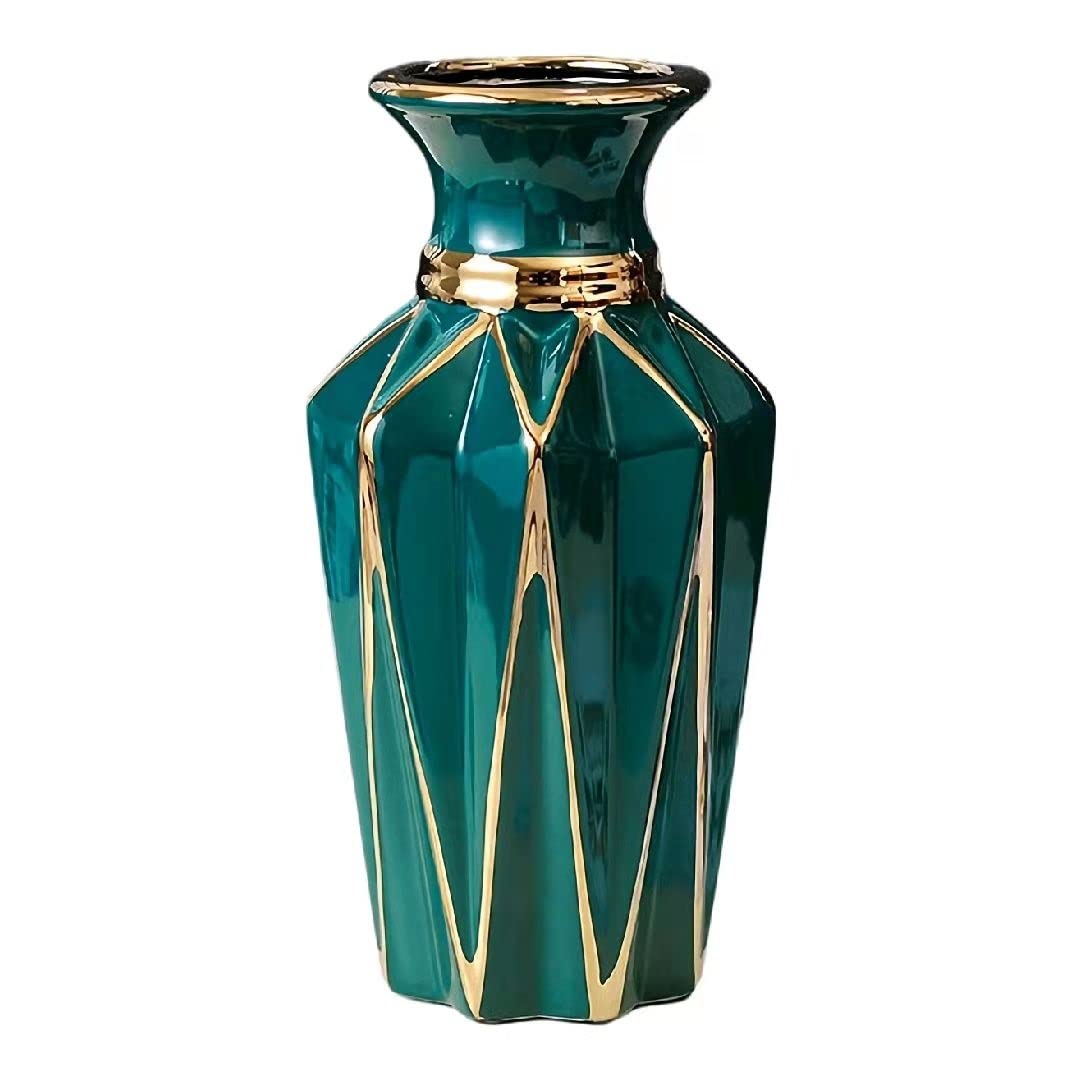 Modern Geometric Ceramic Vase - Electroplated Green Minimalist Luxury Home Decor for Living Room, Office Desk | 5.51