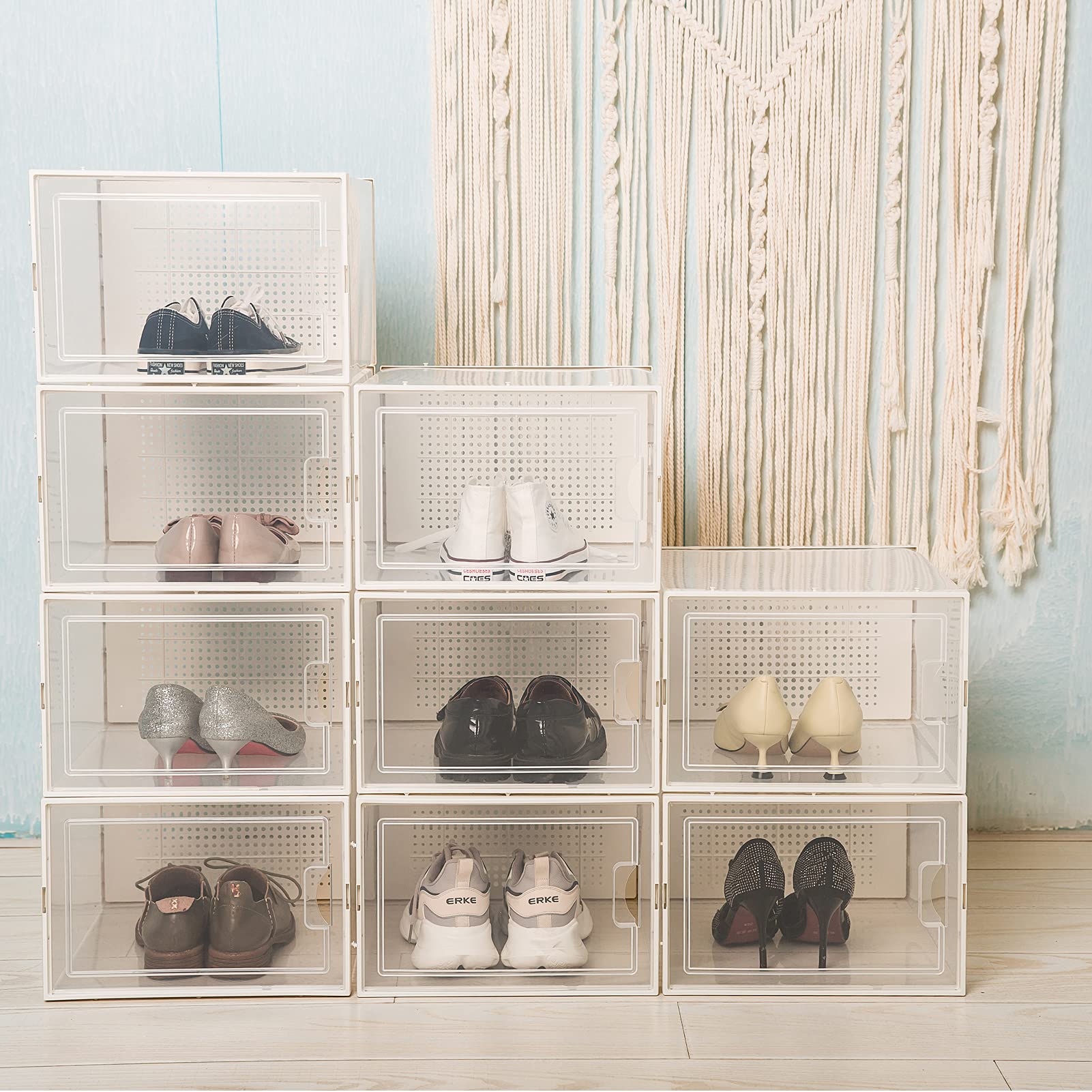 SANTIE 6 Pack Clear Plastic Stackable Shoe Storage Boxes - Heavy Duty Shoe Organizer Bins for Men & Women (Fits Shoes Up to Size 13.5) - Perfect for Closet Organization, Bedroom Storage & Shoe Display